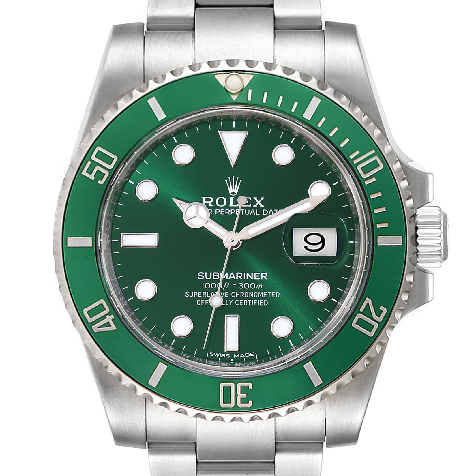 The image shows a front view of a Rolex Submariner 116610LV Men
s Stainless Steel Green Dial 116610LV Men
s Stainless Steel Green Dial watch, highlighting its green dial, bezel, and stainless steel bracelet.