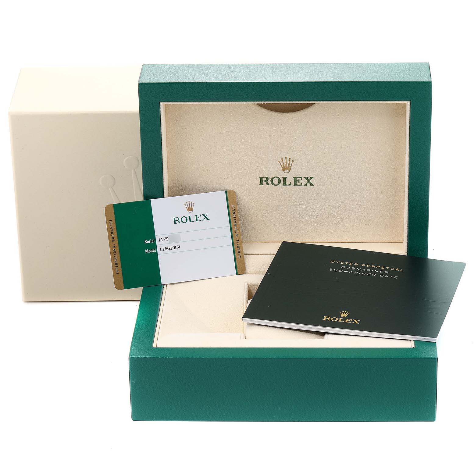 The image shows the packaging box, warranty card, and manual for the Rolex Submariner 116610LV Men
s Stainless Steel Green Dial 116610LV Men
s Stainless Steel Green Dial watch.