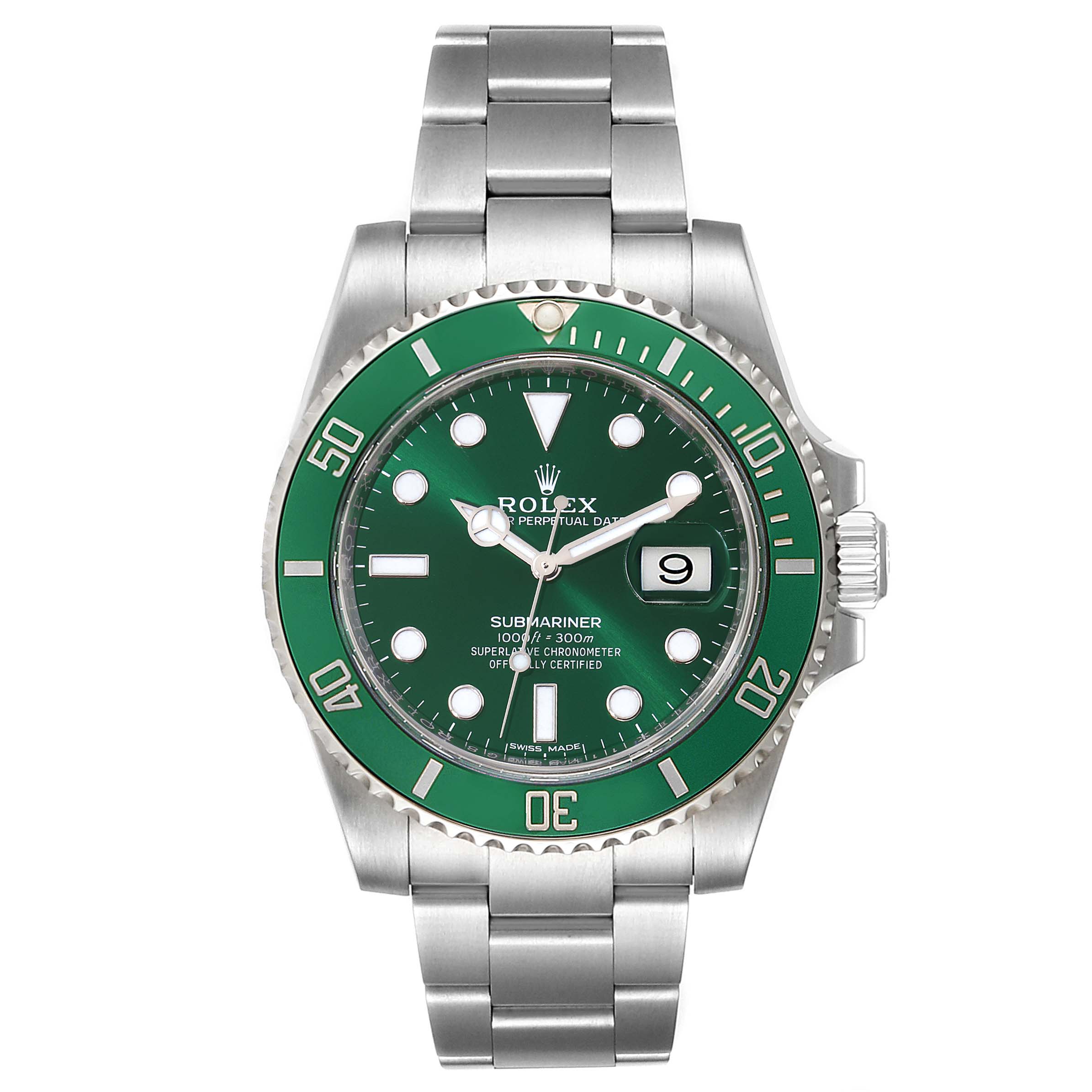 The image shows a front view of a Rolex Submariner 116610LV Men
s Stainless Steel Green Dial 116610LV Men
s Stainless Steel Green Dial watch with a green dial and bezel, along with a stainless steel bracelet.
