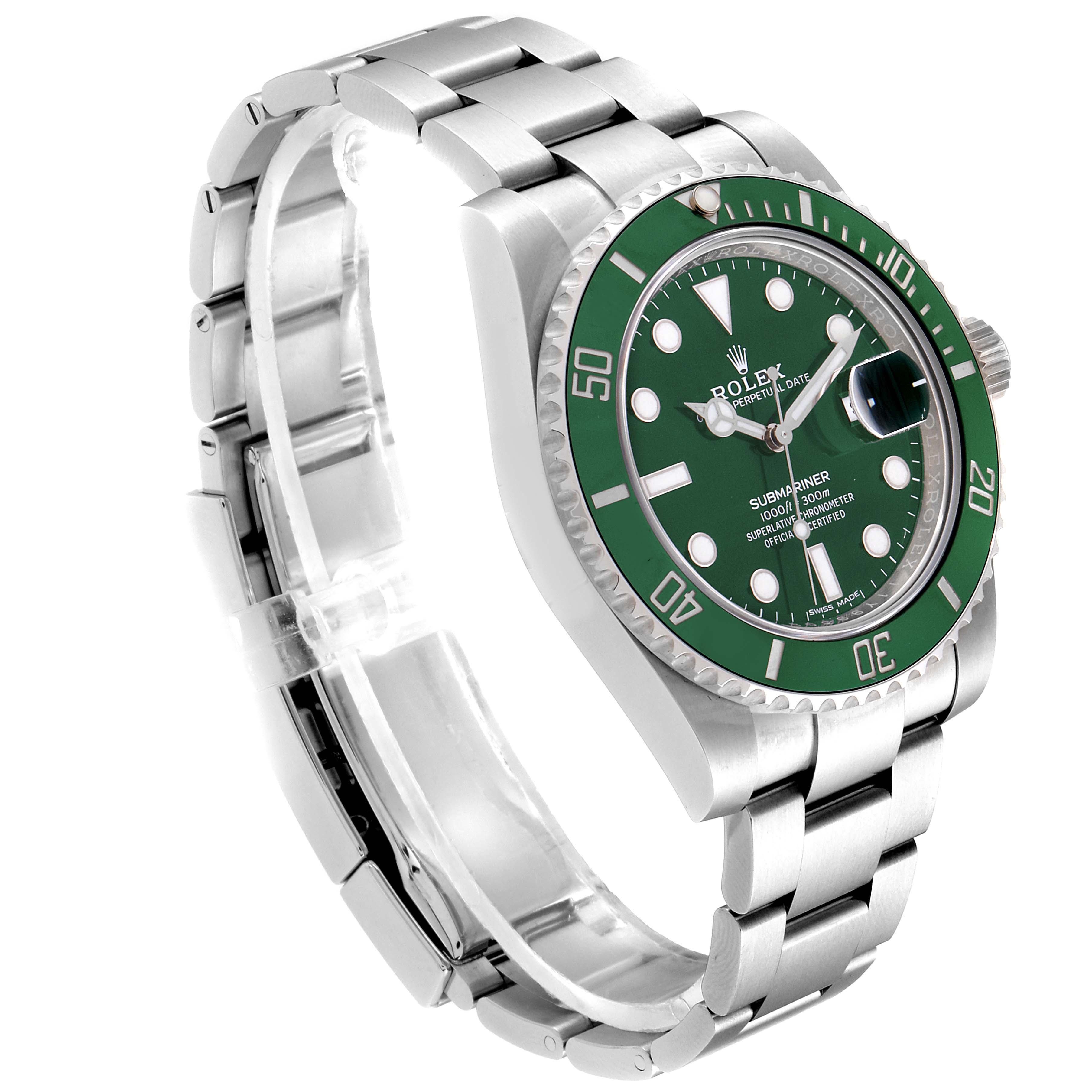 The image shows a Rolex Submariner 116610LV Men
s Stainless Steel Green Dial 116610LV Men
s Stainless Steel Green Dial watch at a side angle, highlighting its green bezel, dial, and stainless steel bracelet.
