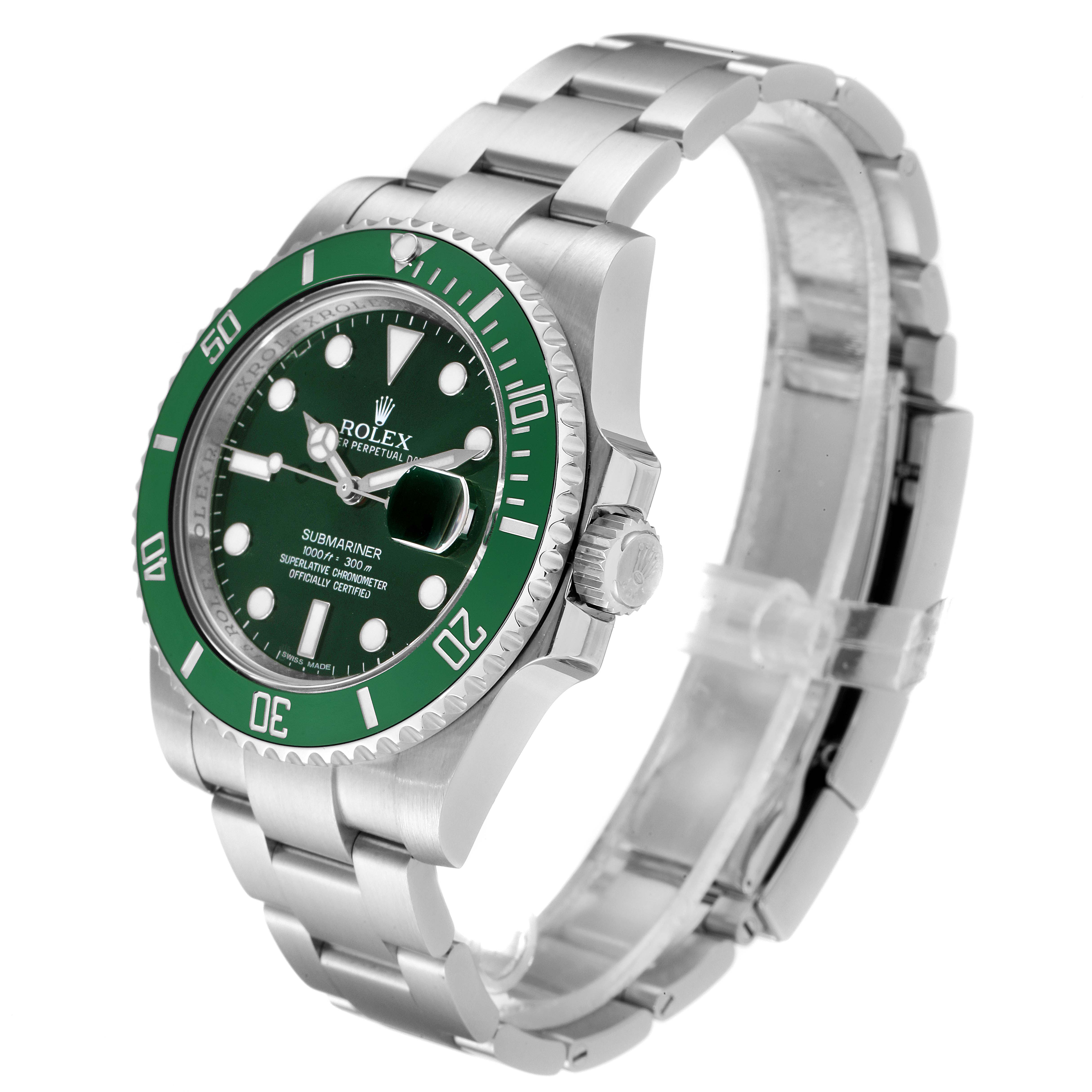 The image shows a Rolex Submariner 116610LV Men
s Stainless Steel Green Dial 116610LV Men
s Stainless Steel Green Dial watch at a three-quarter angle, highlighting its green bezel, dial, and stainless steel bracelet.