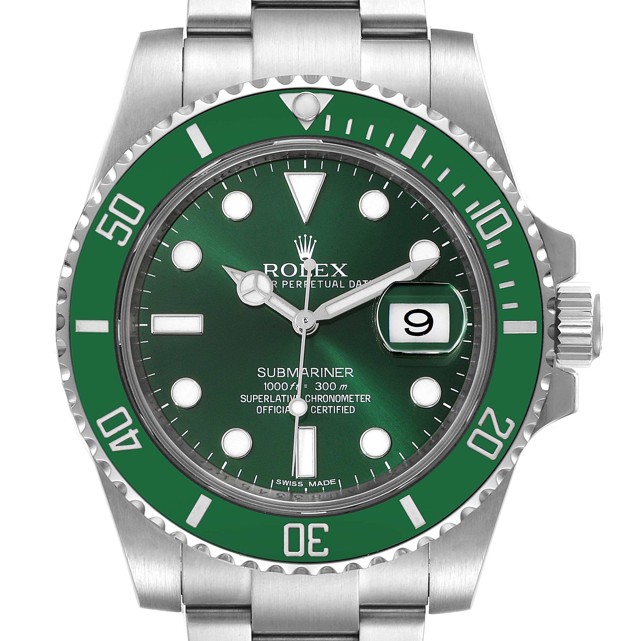 This image shows a front view of the Rolex Submariner 116610LV Men
s Stainless Steel Green Dial 116610LV Men
s Stainless Steel Green Dial watch, highlighting the green bezel, dial, hands, and date window.