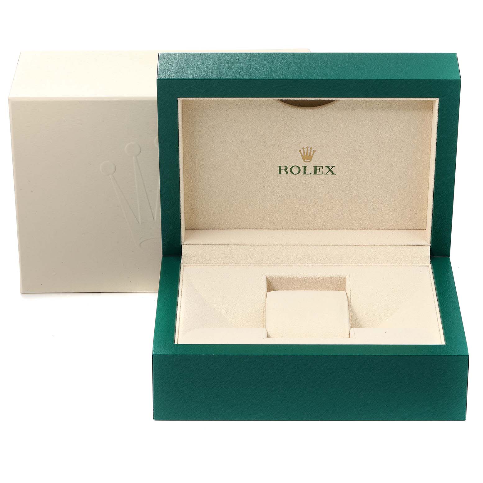 The image shows an open green and beige watch box for the Rolex Submariner 116610LV Men
s Stainless Steel Green Dial 116610LV Men
s Stainless Steel Green Dial model, displaying the compartment for the watch.