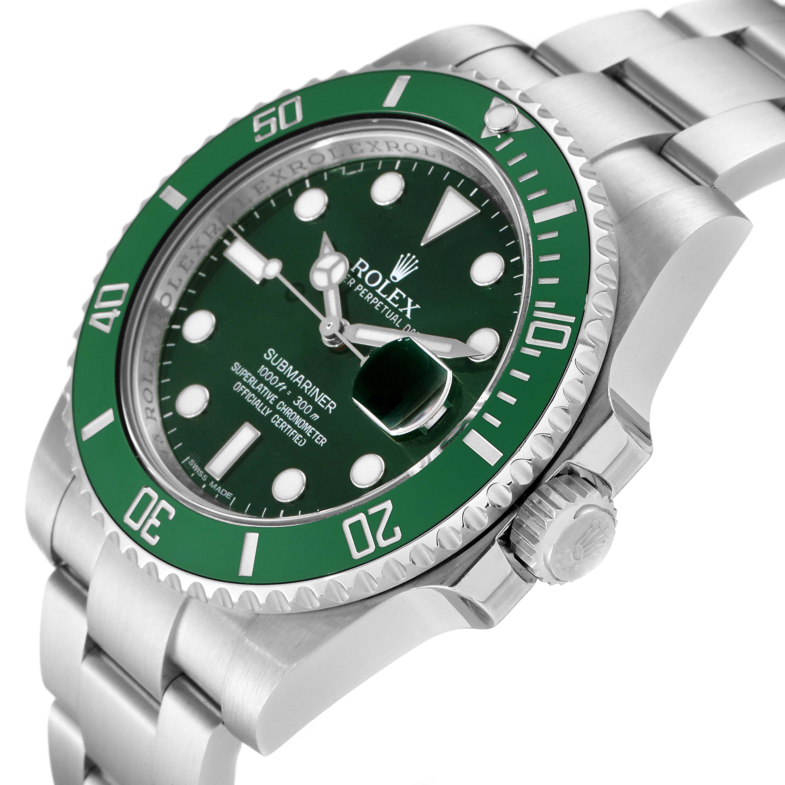 The image shows a Rolex Submariner 116610LV Men
s Stainless Steel Green Dial 116610LV Men
s Stainless Steel Green Dial watch at an angle highlighting the dial, bezel, and part of the bracelet.