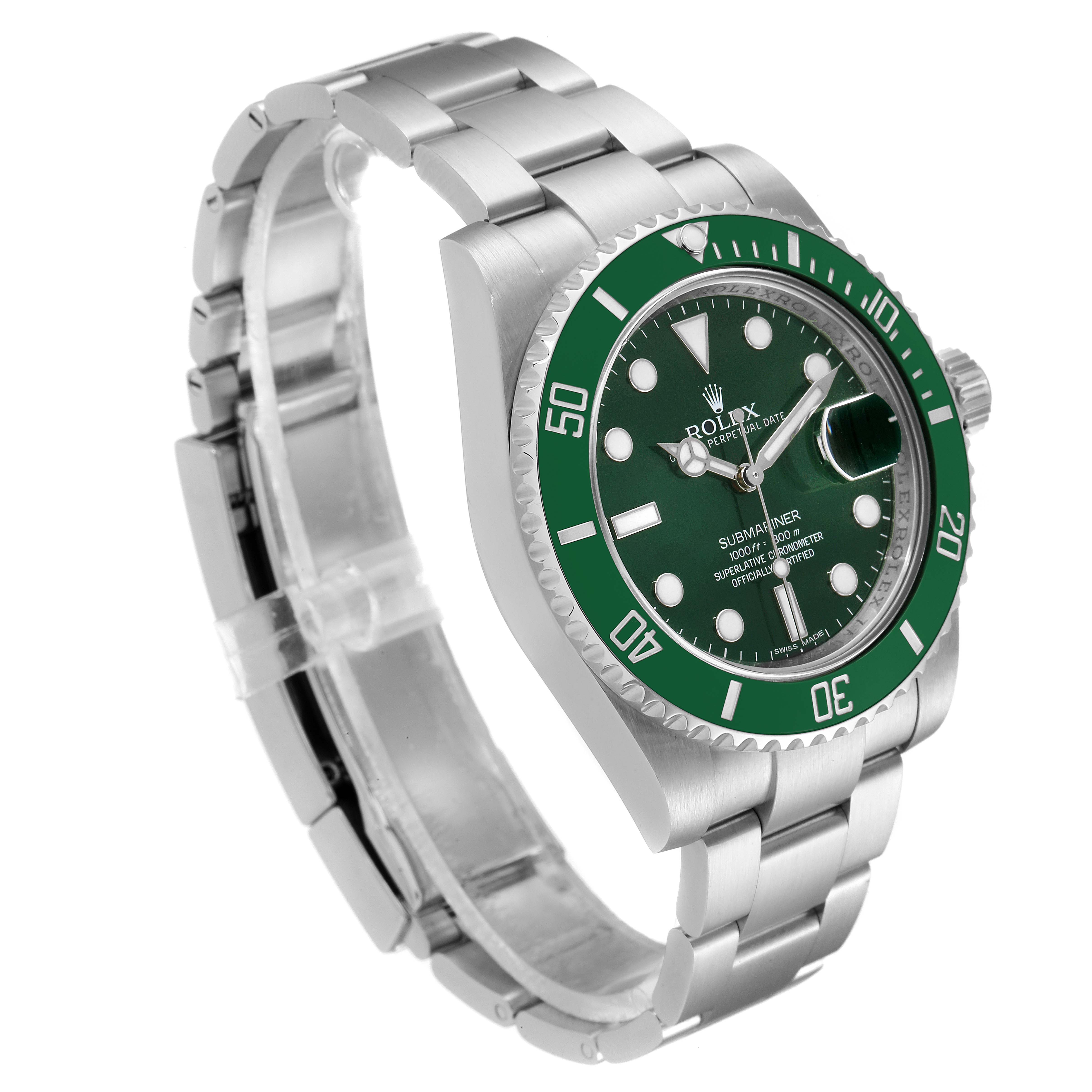 The image shows a Rolex Submariner 116610LV Men
s Stainless Steel Green Dial 116610LV Men
s Stainless Steel Green Dial watch angled to highlight the face, bezel, crown, and part of the bracelet.
