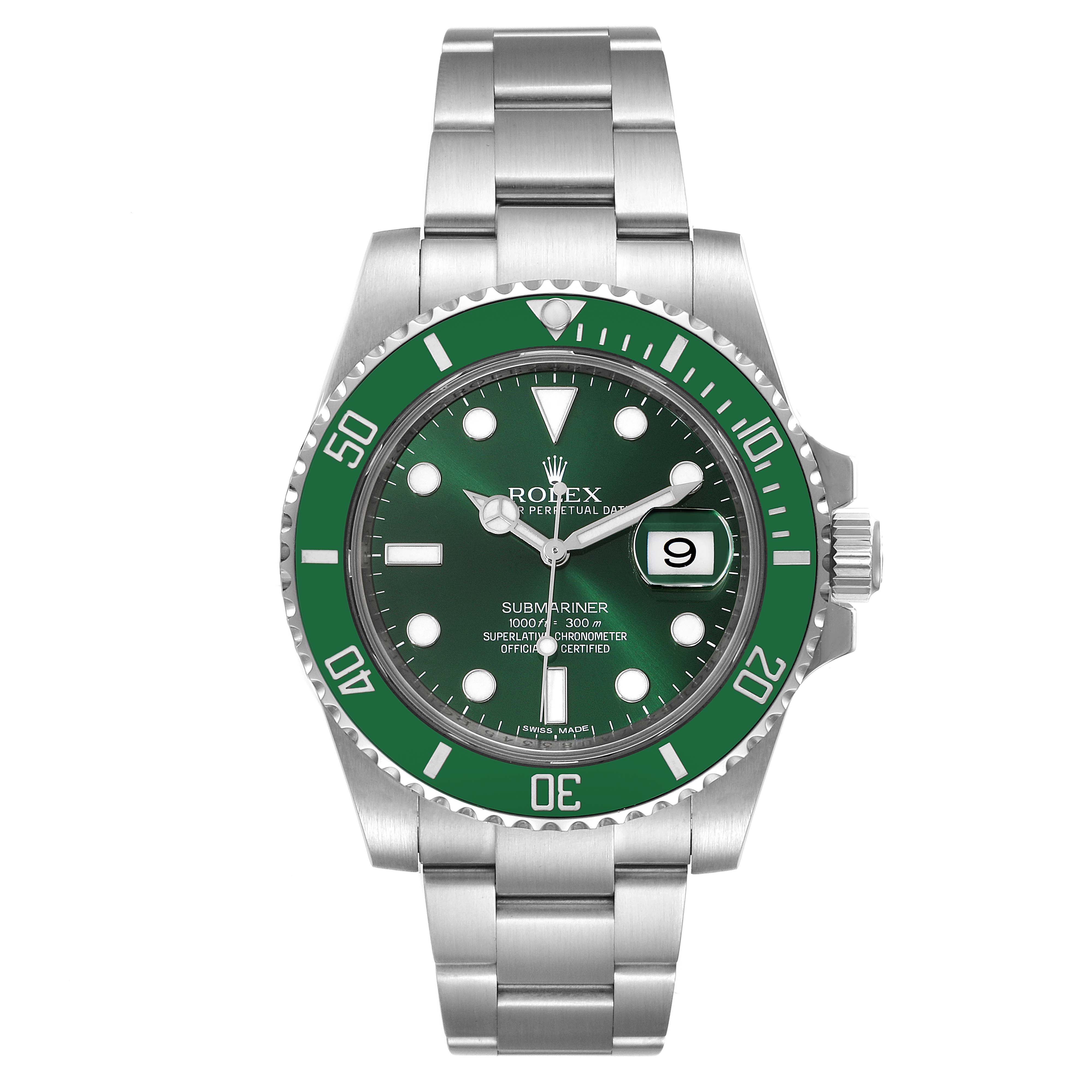 The image shows a Rolex Submariner 116610LV Men
s Stainless Steel Green Dial 116610LV Men
s Stainless Steel Green Dial watch from a front angle, displaying its green bezel, dial, bracelet, and date window.