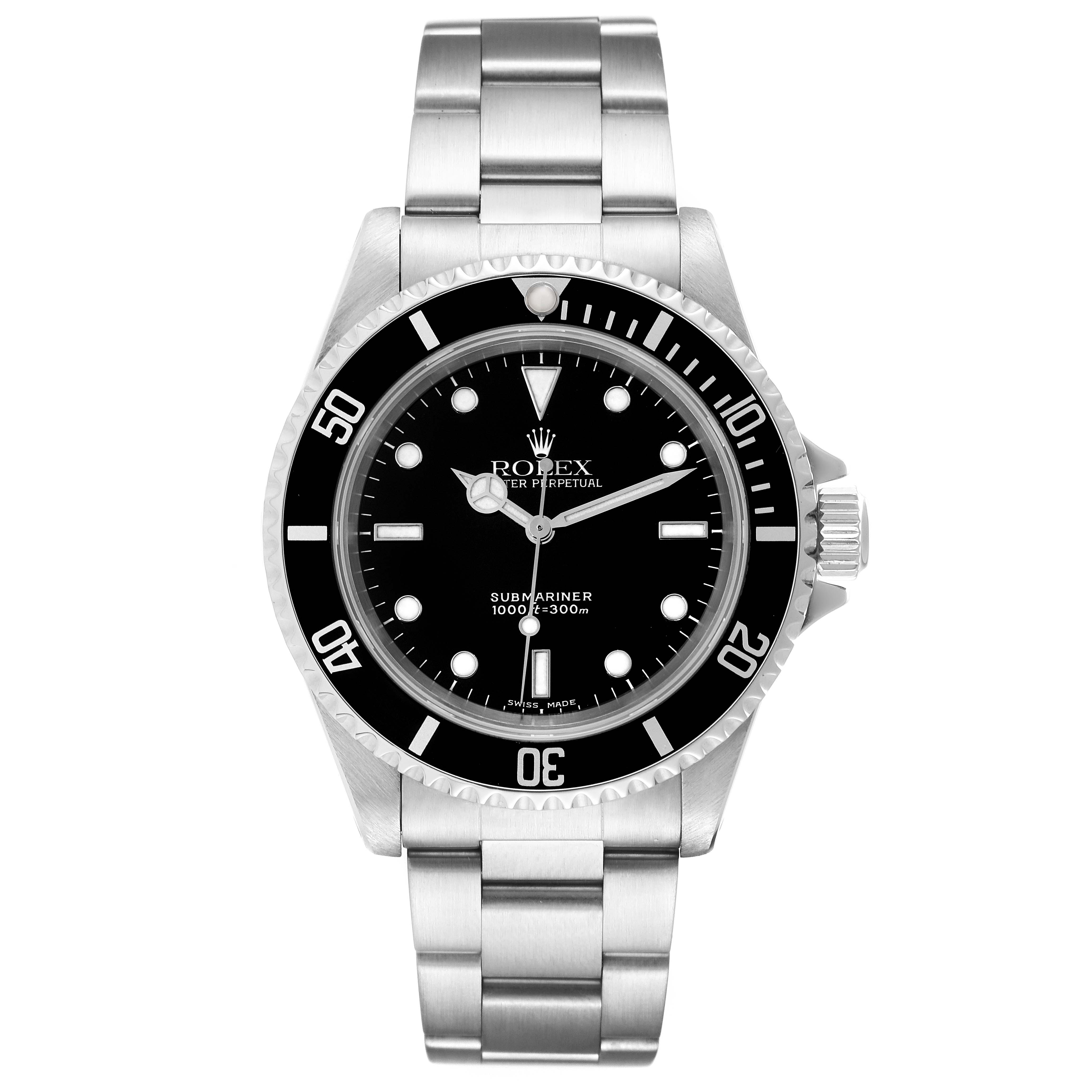 This image shows a front view of the Rolex Submariner 14060 Men
s Stainless Steel Black Dial 14060 Men
s Stainless Steel Black Dial watch, displaying the dial, bezel, crown, and bracelet.