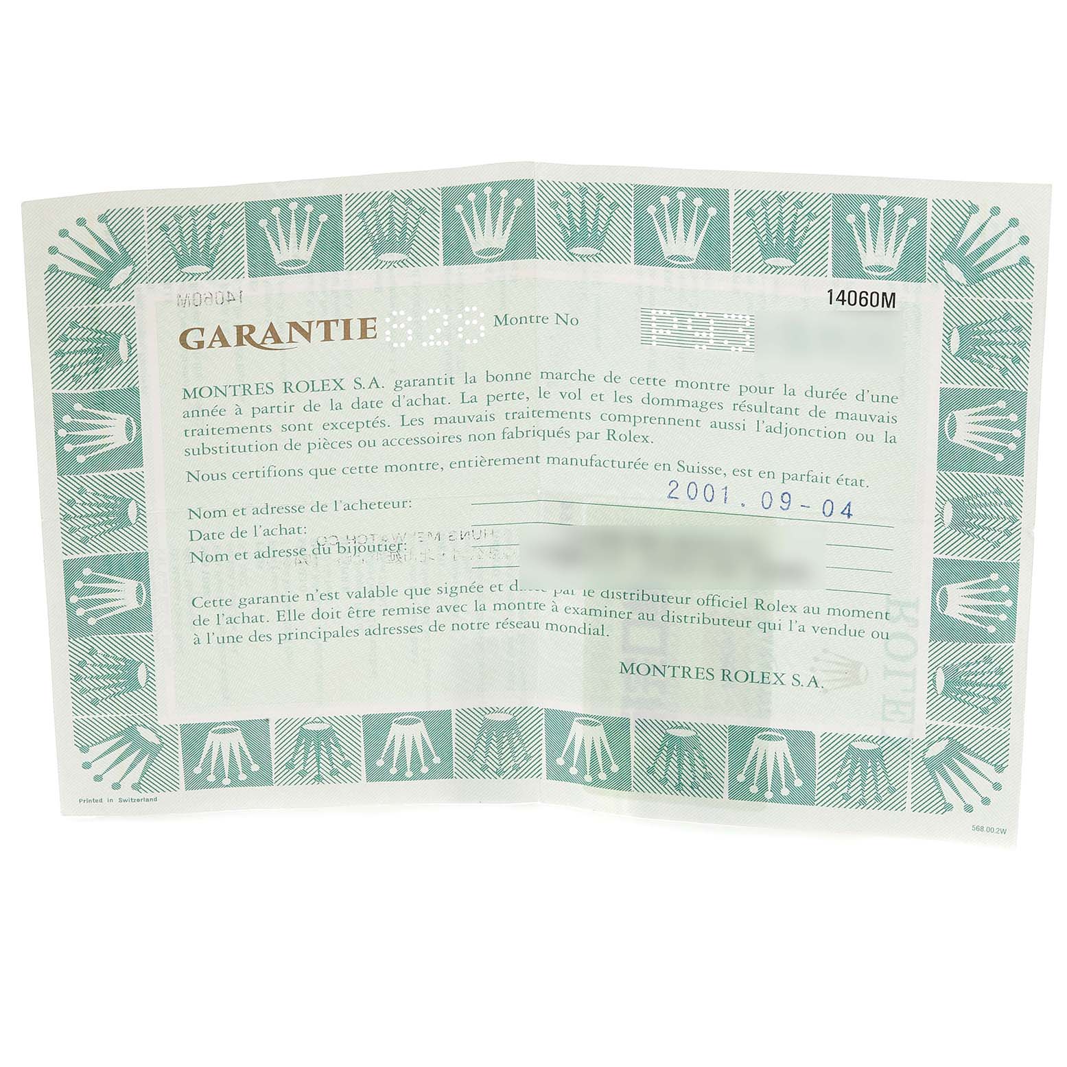 The image shows a warranty certificate for the Rolex Submariner 14060 Men
s Stainless Steel Black Dial 14060 Men
s Stainless Steel Black Dial watch, detailing purchase information.