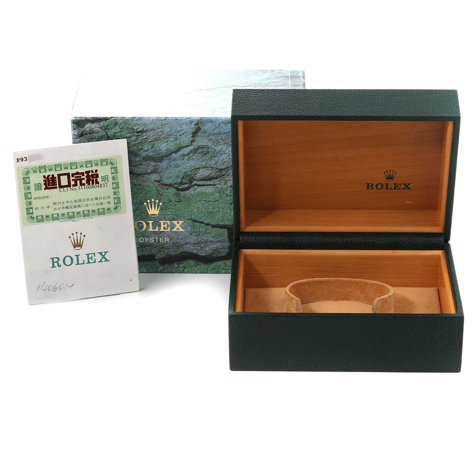 The image shows an open Rolex Submariner 14060 Men
s Stainless Steel Black Dial 14060 Men
s Stainless Steel Black Dial watch box, outer packaging, and a Rolex instruction booklet.