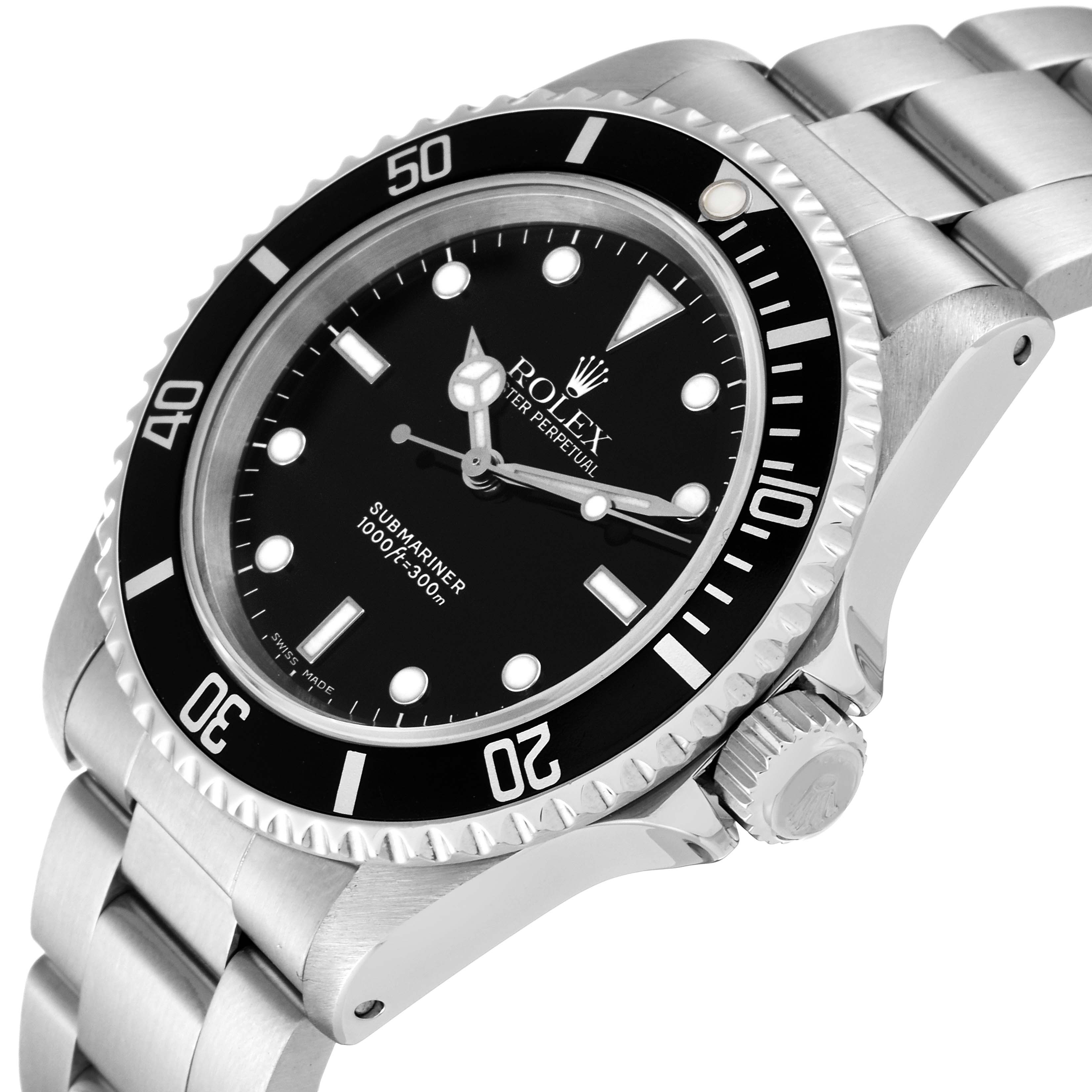This image shows a close-up, angled view of the Rolex Submariner 14060 Men
s Stainless Steel Black Dial 14060 Men
s Stainless Steel Black Dial watch, highlighting the dial, bezel, and crown.