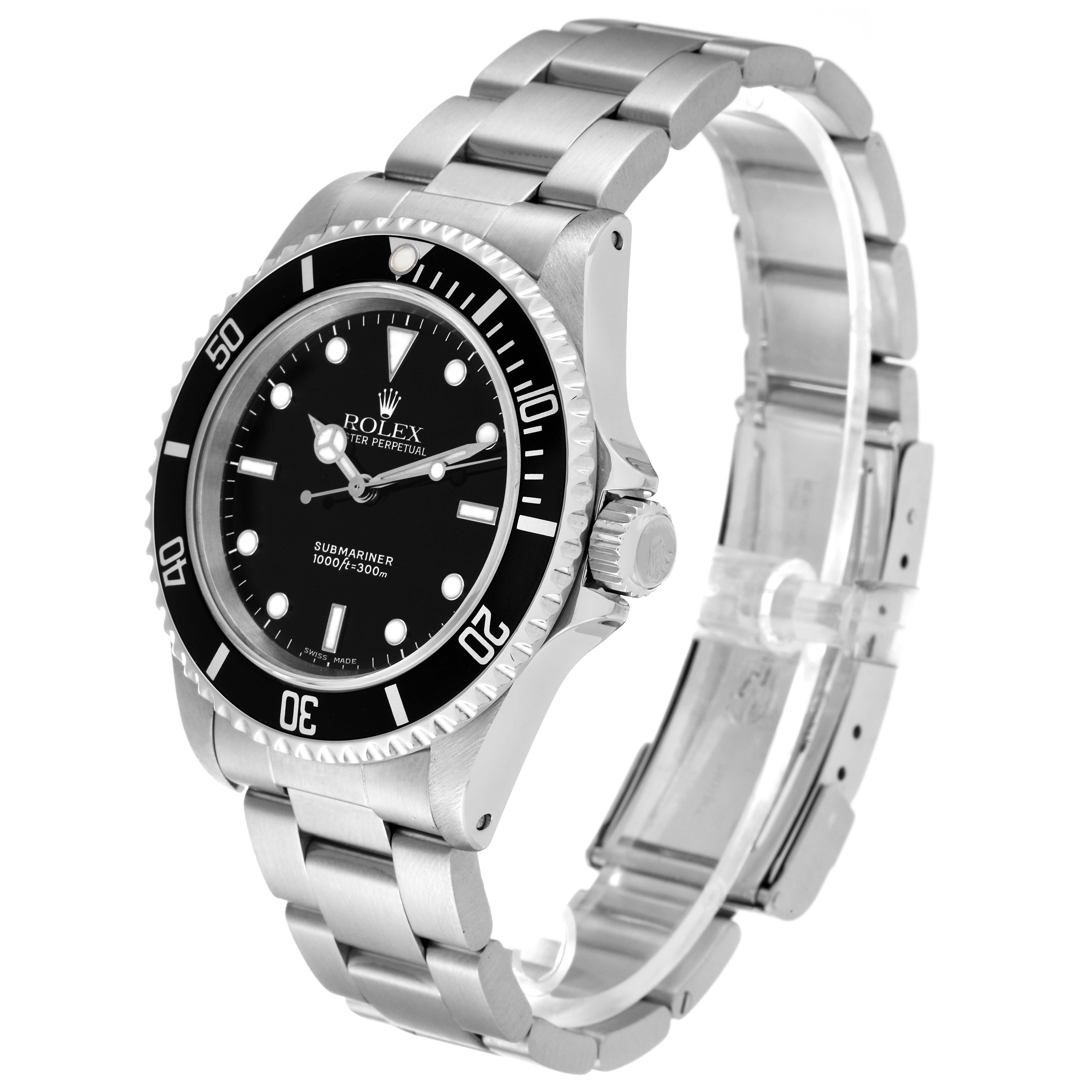 The Rolex Submariner 14060 Men
s Stainless Steel Black Dial 14060 Men
s Stainless Steel Black Dial watch is shown at a three-quarter angle, highlighting its bezel, dial, and bracelet.