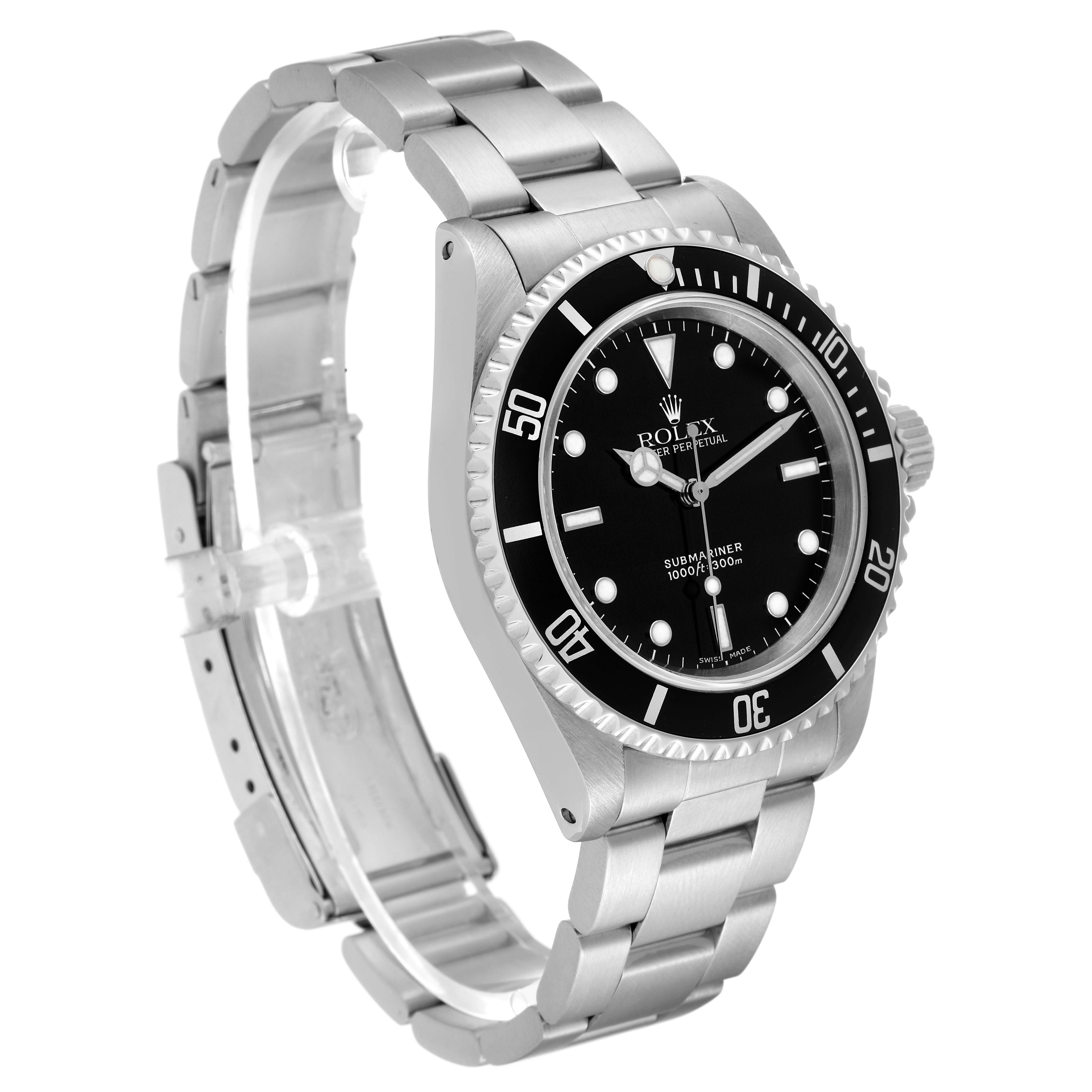 The image shows a side angle of the Rolex Submariner 14060 Men
s Stainless Steel Black Dial 14060 Men
s Stainless Steel Black Dial watch, displaying the bezel, dial, and bracelet.