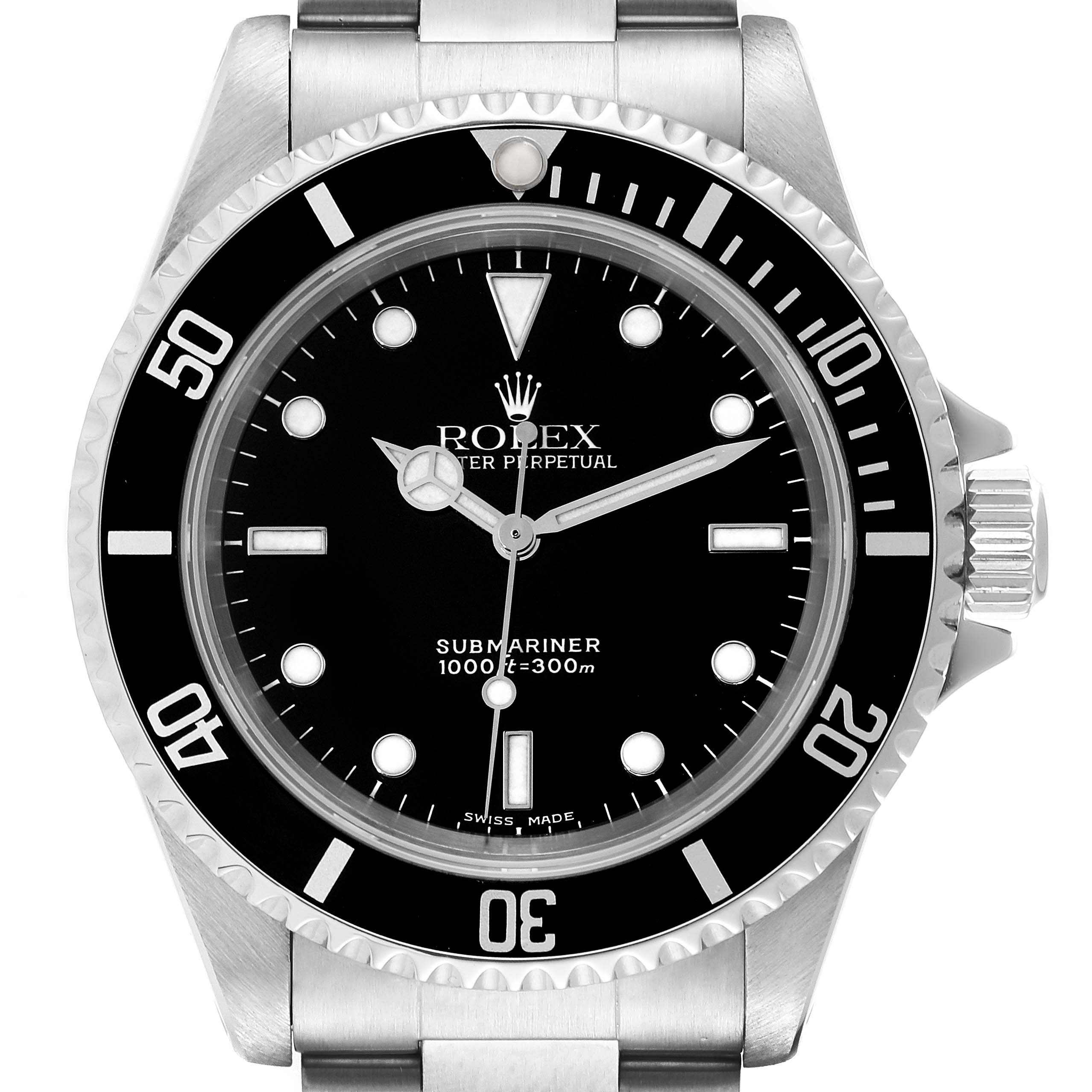 The image shows a front view of the Rolex Submariner 14060 Men
s Stainless Steel Black Dial 14060 Men
s Stainless Steel Black Dial watch, featuring the bezel, dial, hands, and crown.
