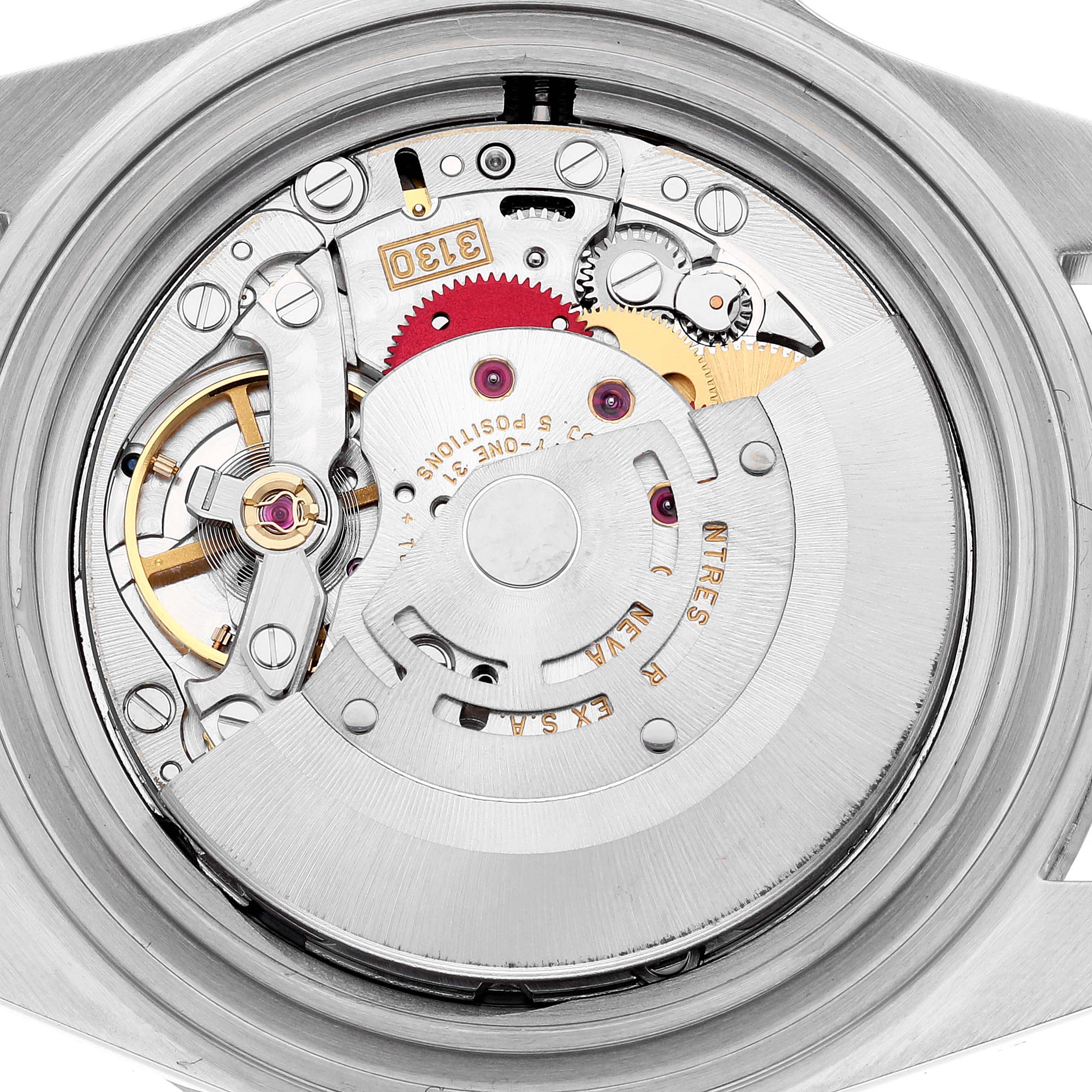 This image shows the internal mechanical movement of a Rolex Submariner 14060 Men
s Stainless Steel Black Dial 14060 Men
s Stainless Steel Black Dial watch, viewed from the back.