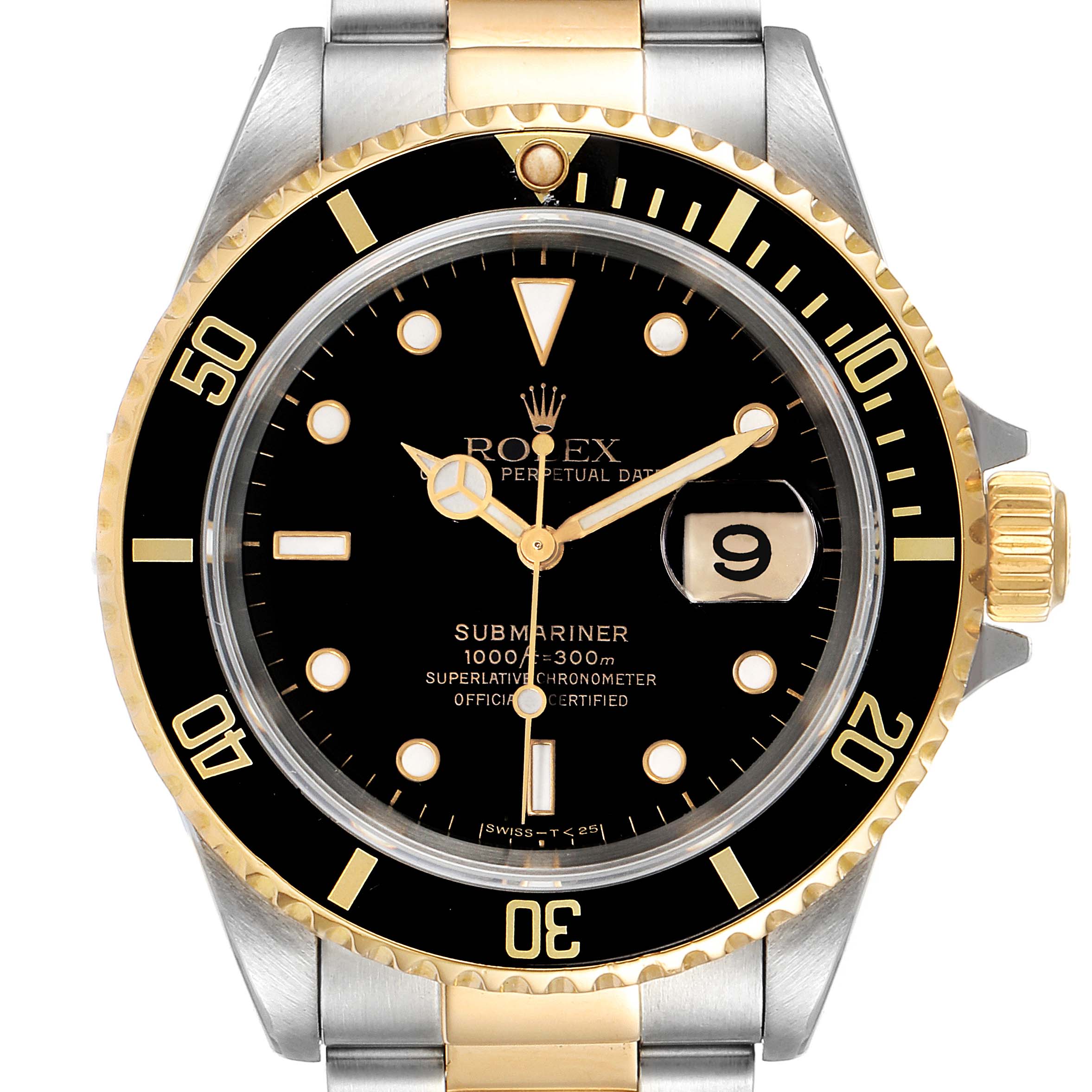 The image shows a front view of a Rolex Submariner 16613 Men's Steel and Gold (two tone) Black Dial 16613 Men's Steel and Gold (two tone) Black Dial watch, displaying its bezel, dial, hands, date window, and bracelet.