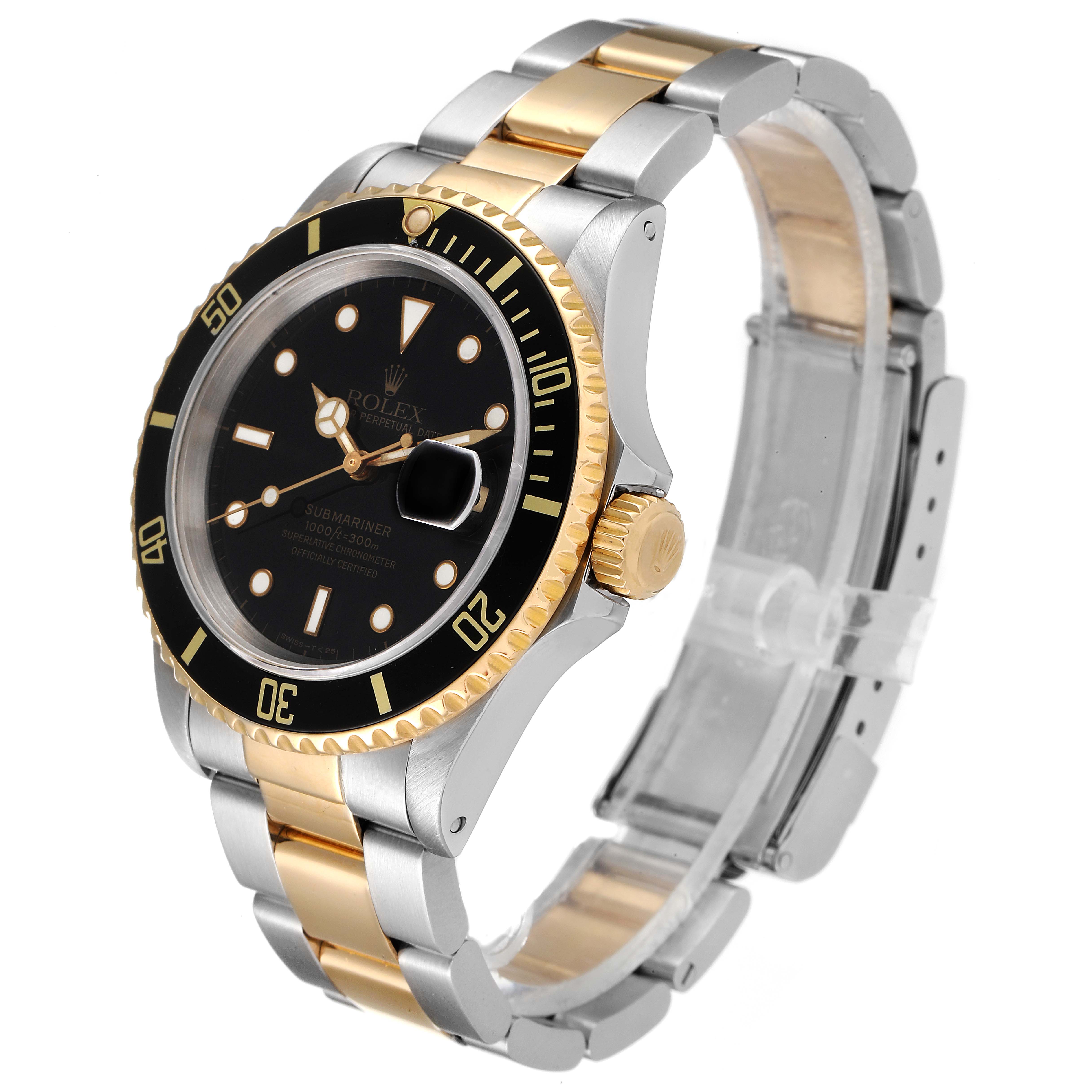 The image shows a Rolex Submariner 16613 Men's Steel and Gold (two tone) Black Dial 16613 Men's Steel and Gold (two tone) Black Dial watch at a slight angle, highlighting its two-tone bracelet, black dial, and rotatable bezel.