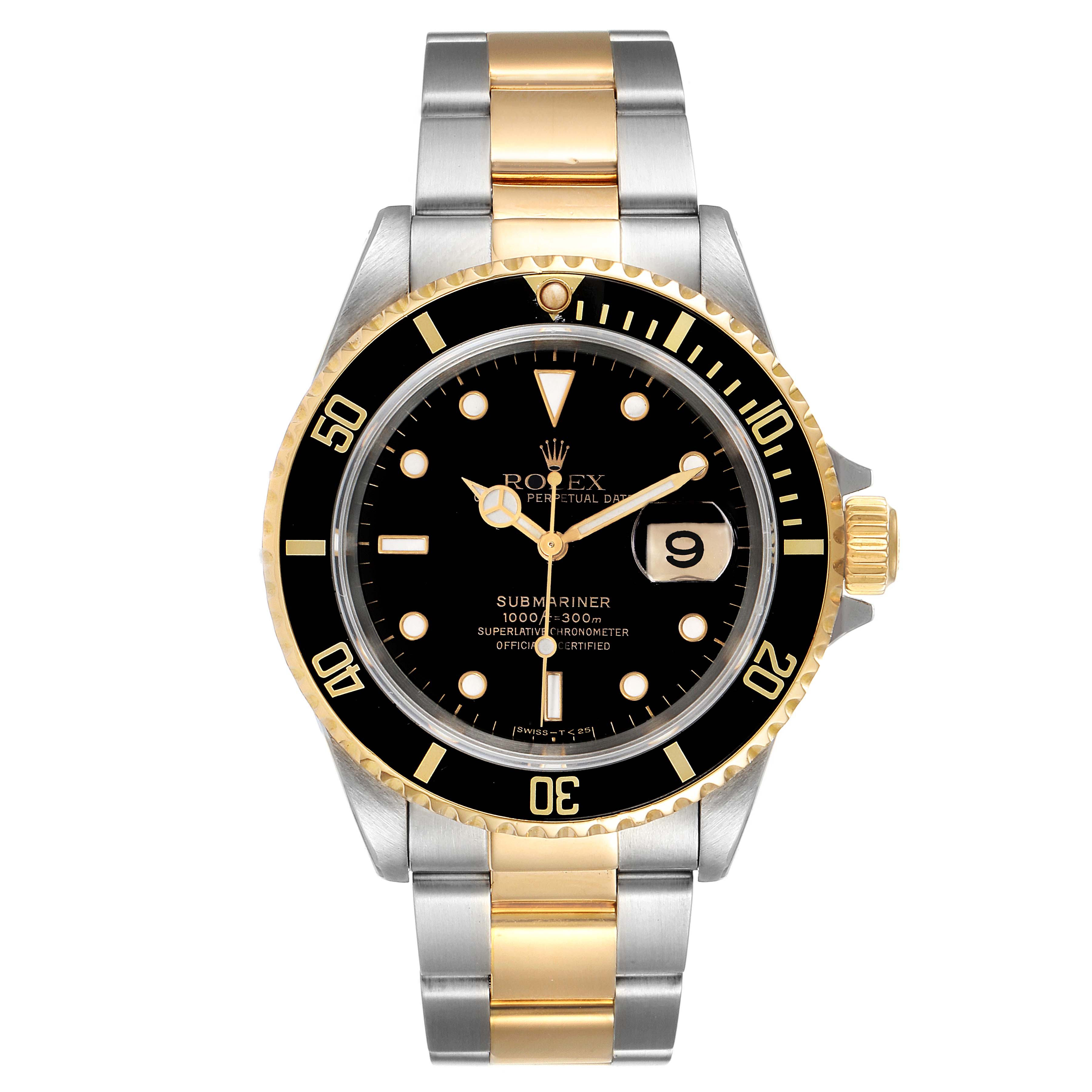 The Rolex Submariner 16613 Men's Steel and Gold (two tone) Black Dial 16613 Men's Steel and Gold (two tone) Black Dial watch is shown from a front angle, displaying its dial, bezel, and a two-tone metal bracelet.