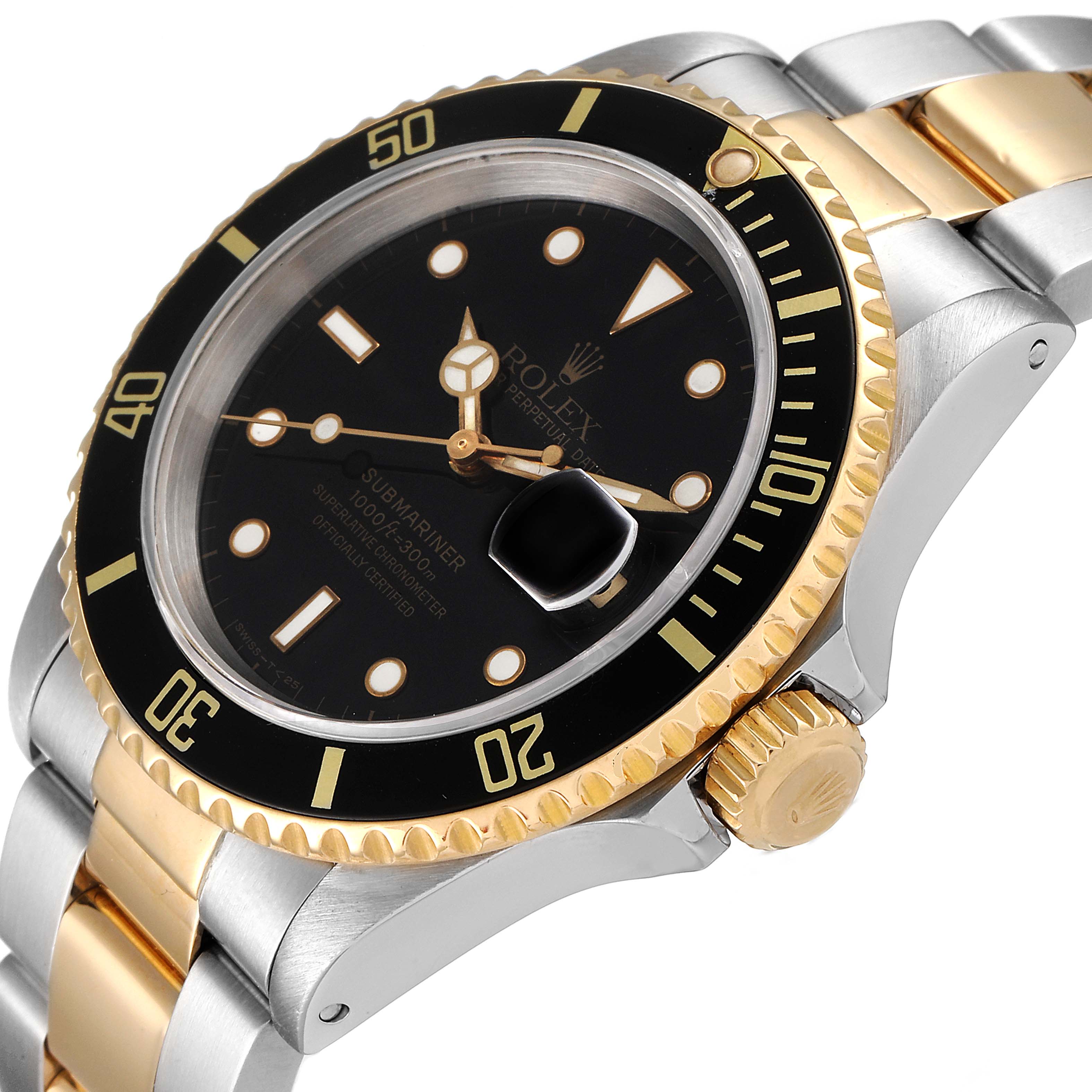 This image shows a close-up angled view of a Rolex Submariner 16613 Men's Steel and Gold (two tone) Black Dial 16613 Men's Steel and Gold (two tone) Black Dial watch, highlighting the bezel, dial, crown, and bracelet.
