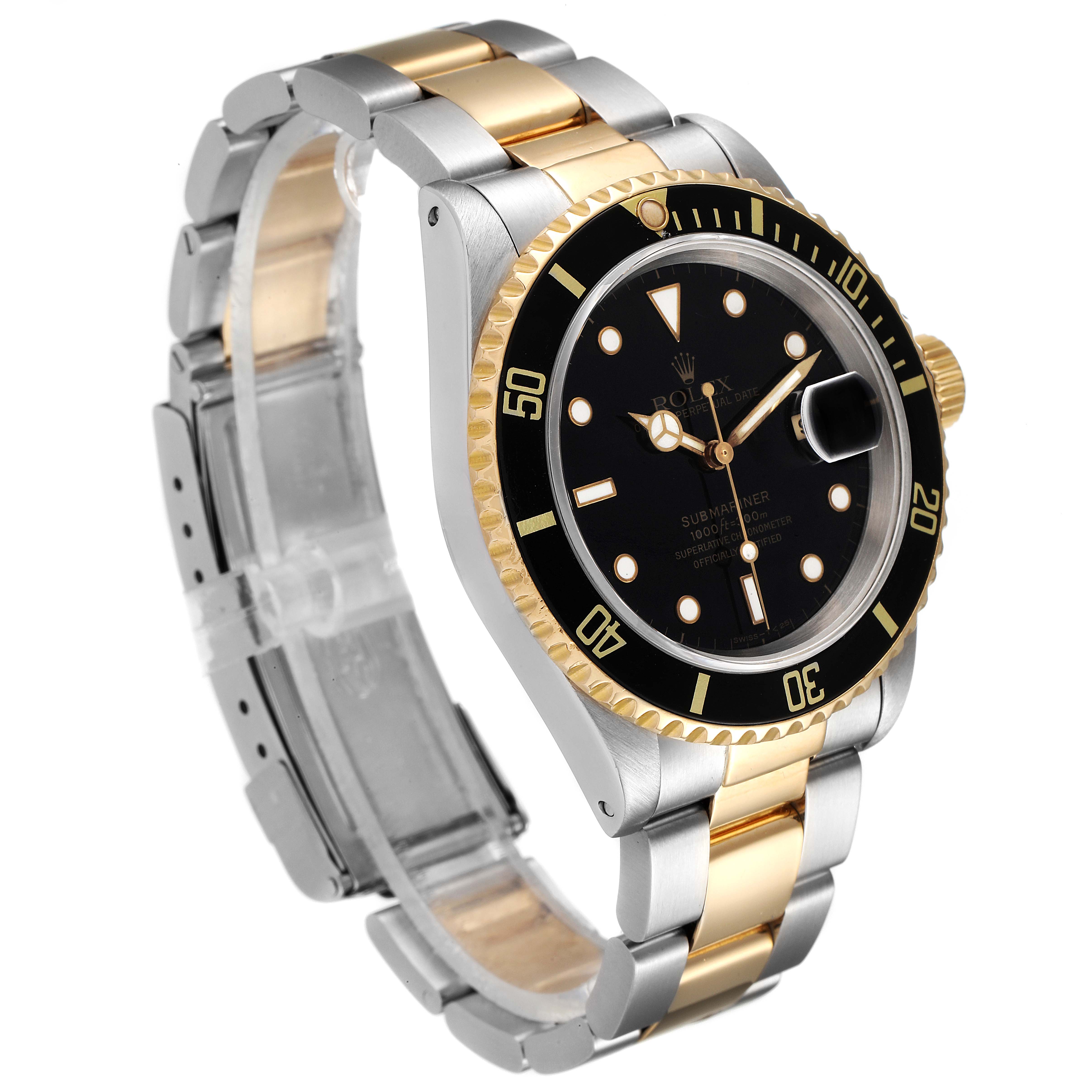The Rolex Submariner 16613 Men's Steel and Gold (two tone) Black Dial 16613 Men's Steel and Gold (two tone) Black Dial watch is shown at a 3/4 angle displaying its gold and silver bracelet, black dial, and rotating bezel.