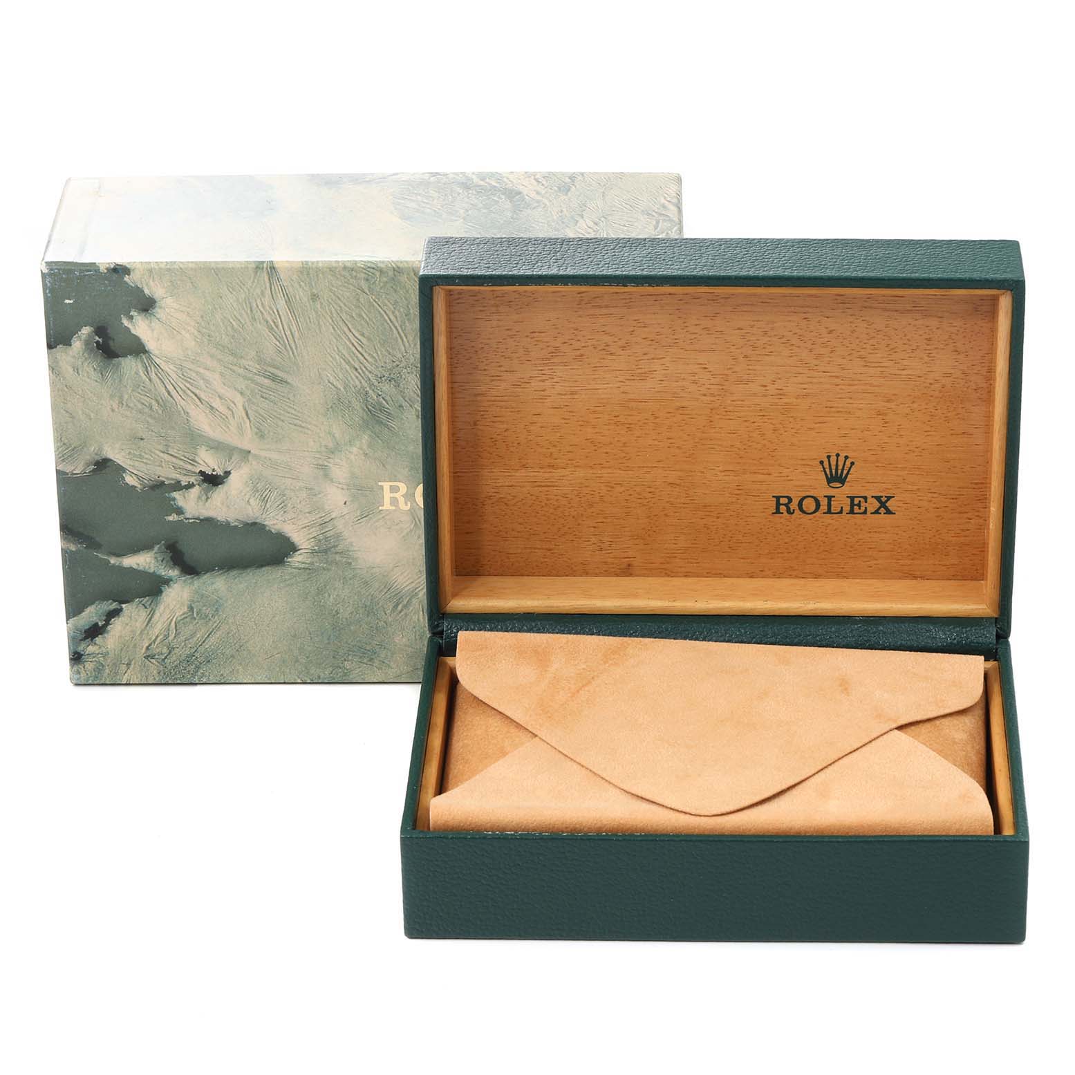 The image shows a green Rolex Submariner 16613 Men's Steel and Gold (two tone) Black Dial 16613 Men's Steel and Gold (two tone) Black Dial watch box, with the lid open revealing a wooden interior and a suede pouch inside.