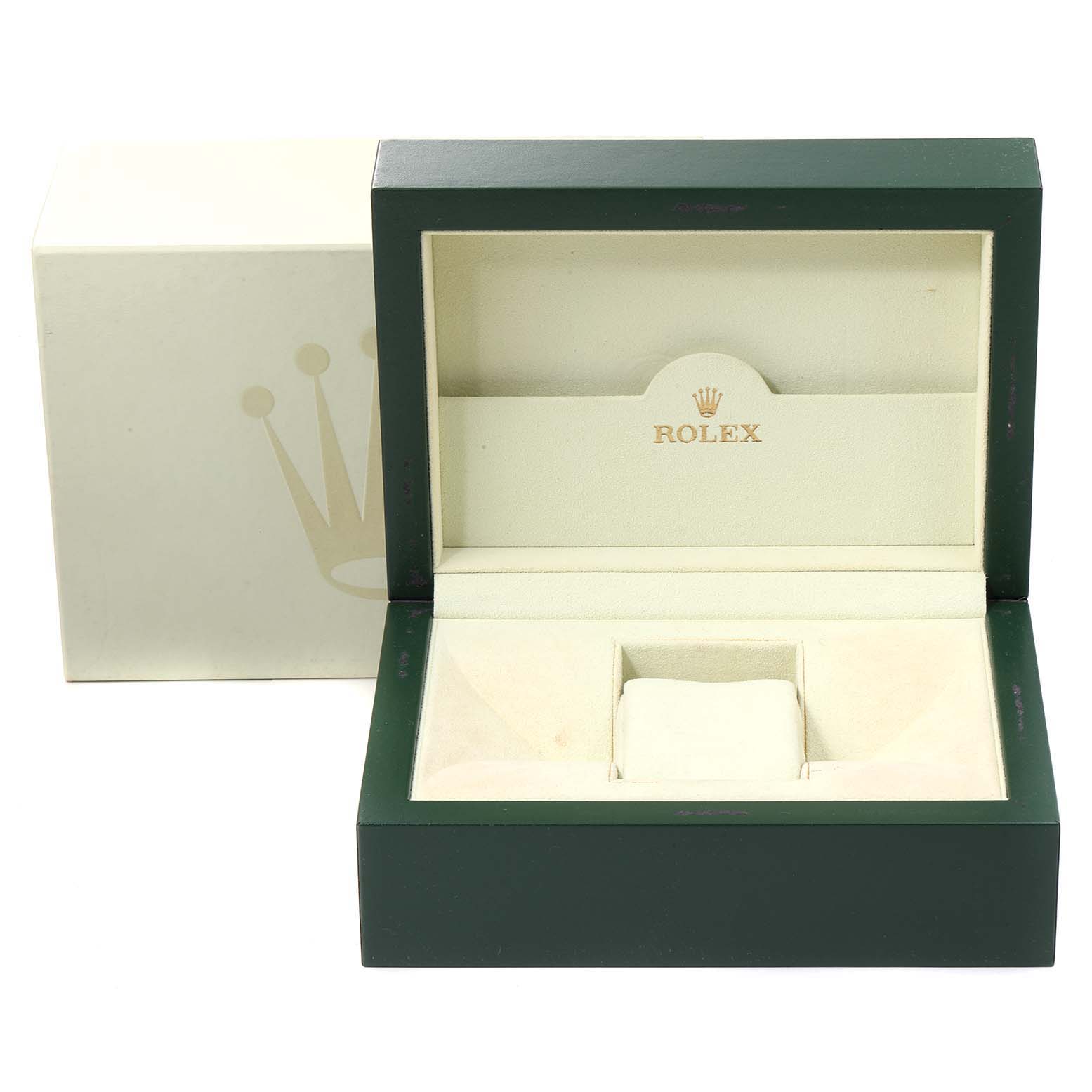 This image shows an open Rolex Submariner 16613 Men's Steel and Gold (two tone) Black Dial 16613 Men's Steel and Gold (two tone) Black Dial watch box with the inner cushion and outer packaging.