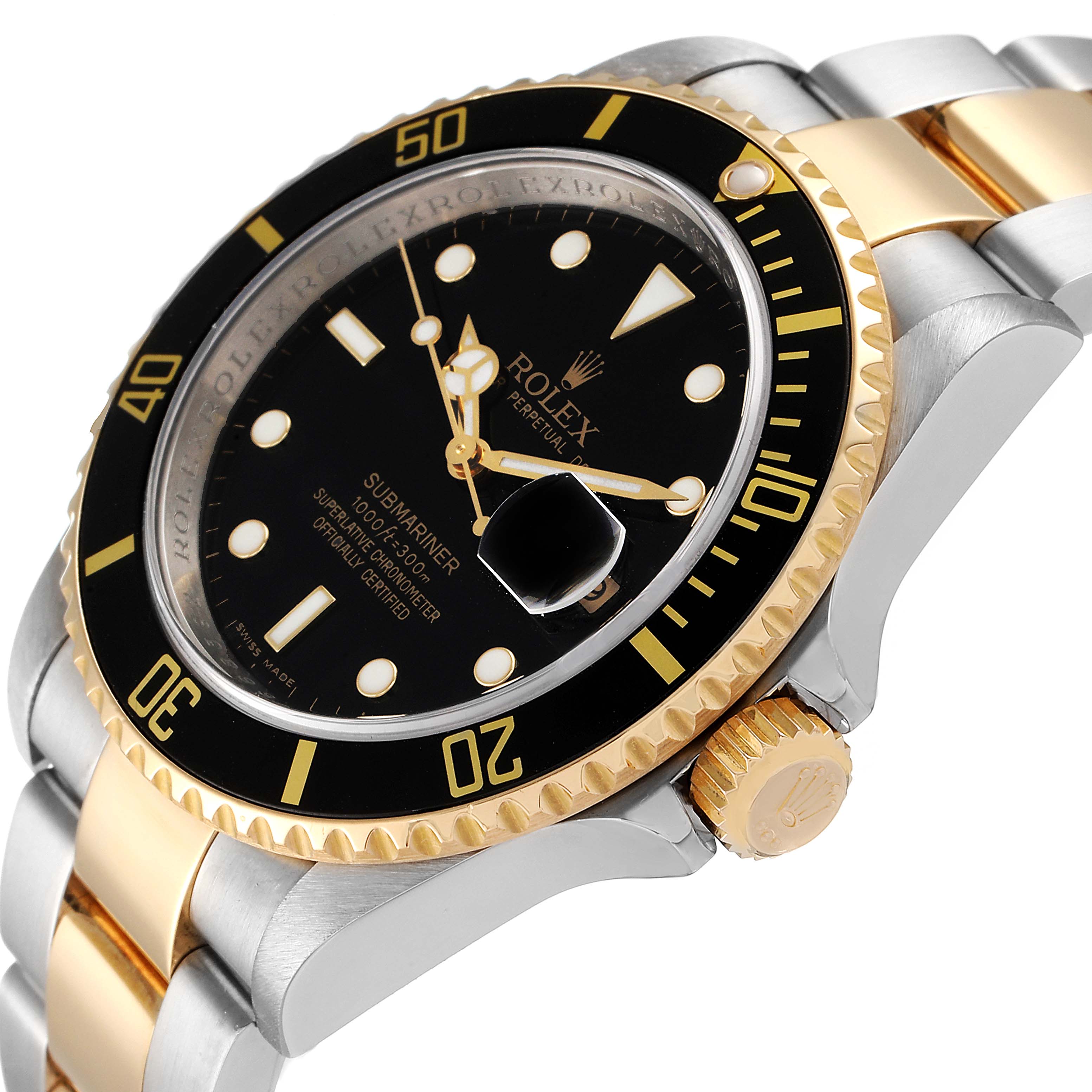 The image shows a Rolex Submariner 16613 Men's Steel and Gold (two tone) Black Dial 16613 Men's Steel and Gold (two tone) Black Dial watch from an angled side view, highlighting the bezel, dial, crown, and part of the bracelet.