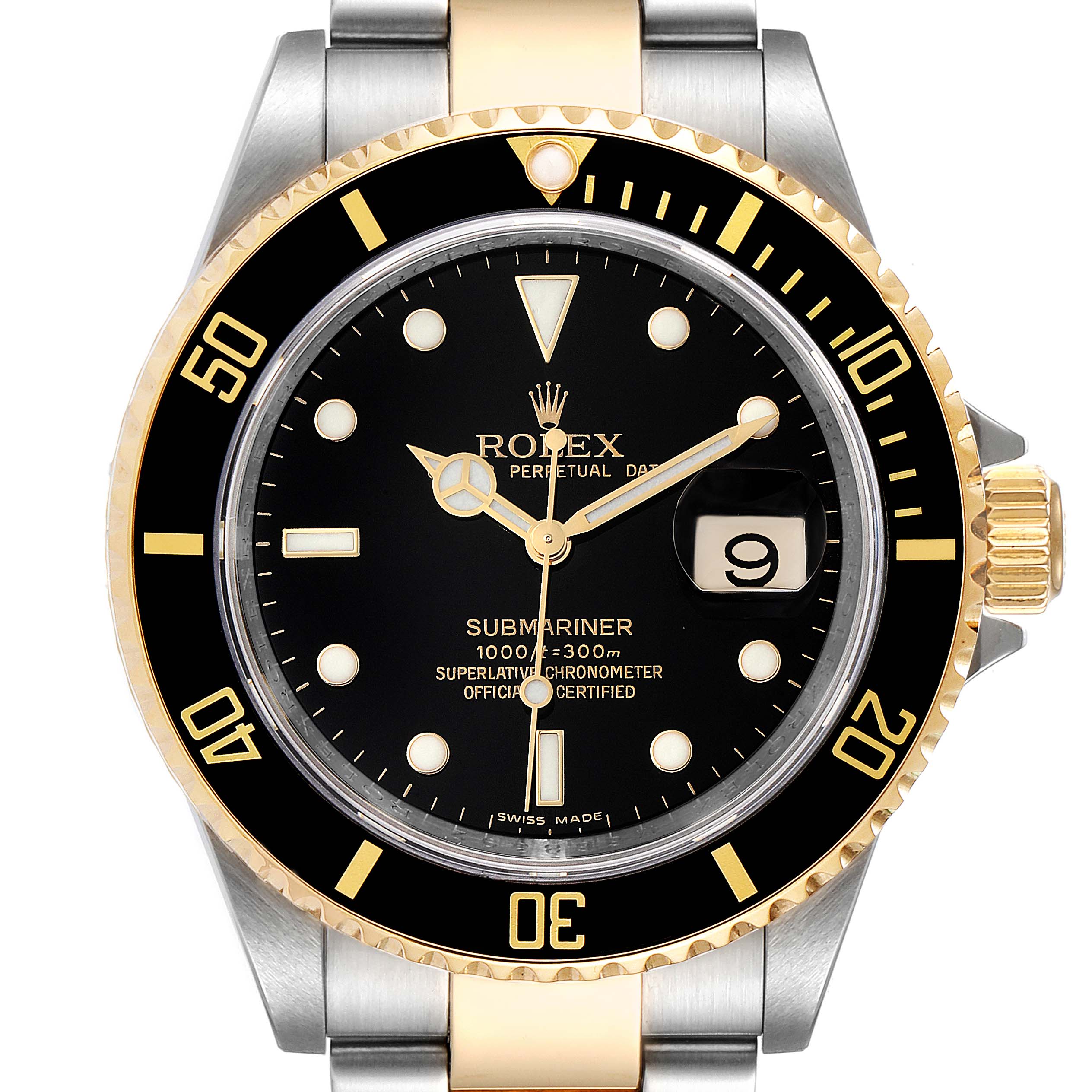 The image shows a front view of a Rolex Submariner 16613 Men's Steel and Gold (two tone) Black Dial 16613 Men's Steel and Gold (two tone) Black Dial watch featuring a black dial, date window, and gold accents.