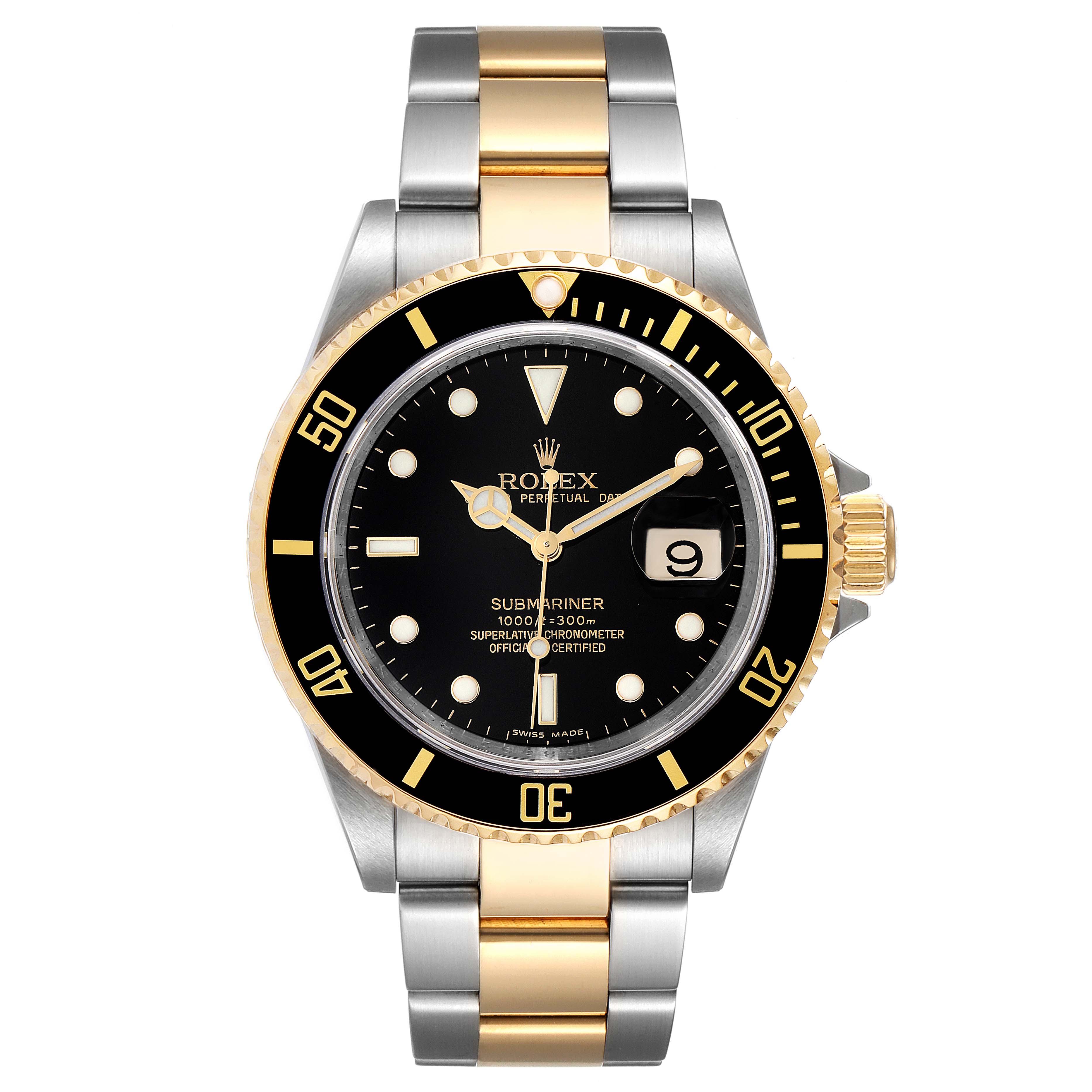 The Rolex Submariner 16613 Men's Steel and Gold (two tone) Black Dial 16613 Men's Steel and Gold (two tone) Black Dial watch is shown from a straight-on angle, highlighting its black dial, gold bezel, and two-tone metal strap.