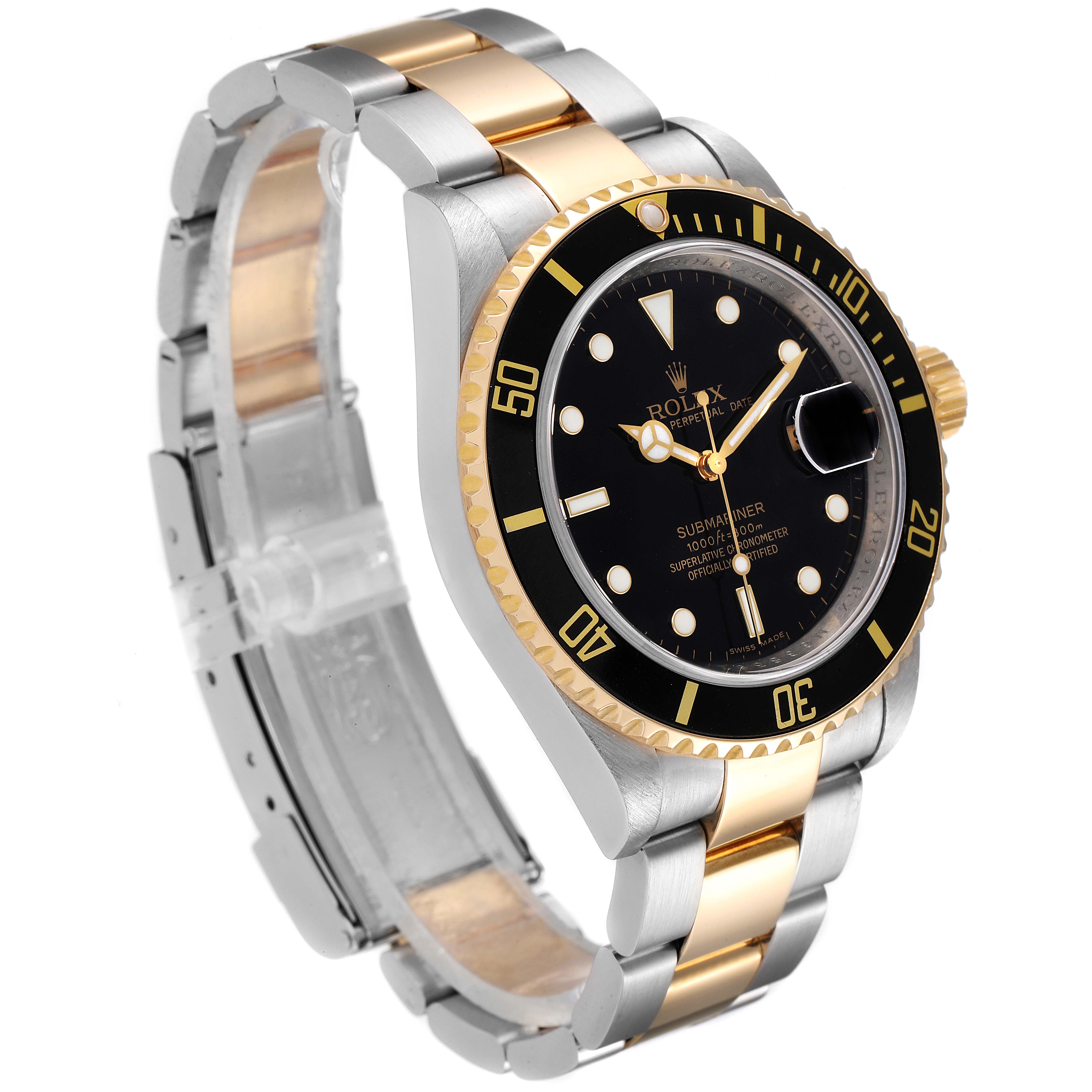 This Rolex Submariner 16613 Men's Steel and Gold (two tone) Black Dial 16613 Men's Steel and Gold (two tone) Black Dial watch is shown at a three-quarter angle, highlighting its black dial, bezel, and two-tone bracelet.