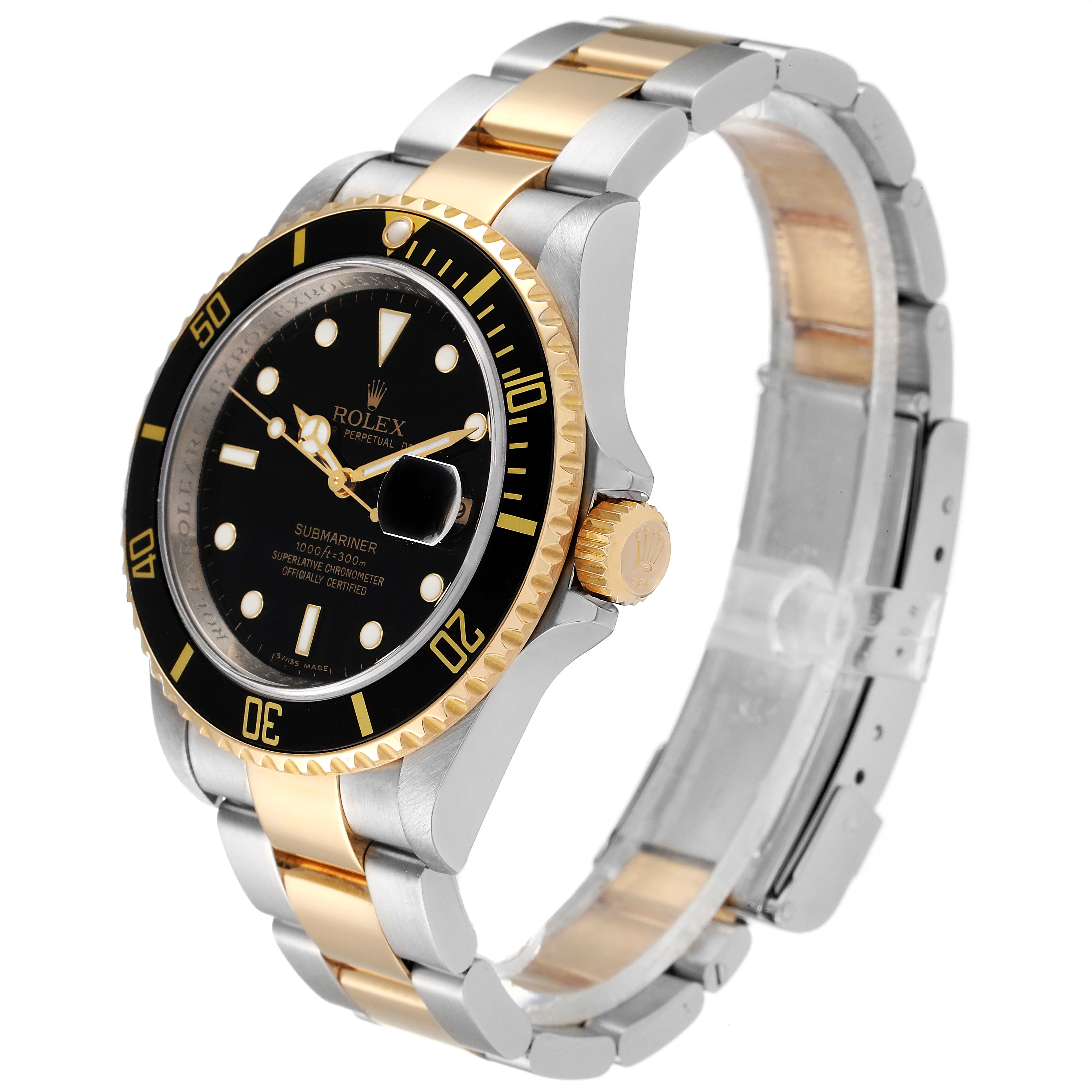 This image shows a Rolex Submariner 16613 Men's Steel and Gold (two tone) Black Dial 16613 Men's Steel and Gold (two tone) Black Dial watch angled to display the dial, bezel, crown, and part of the bracelet.