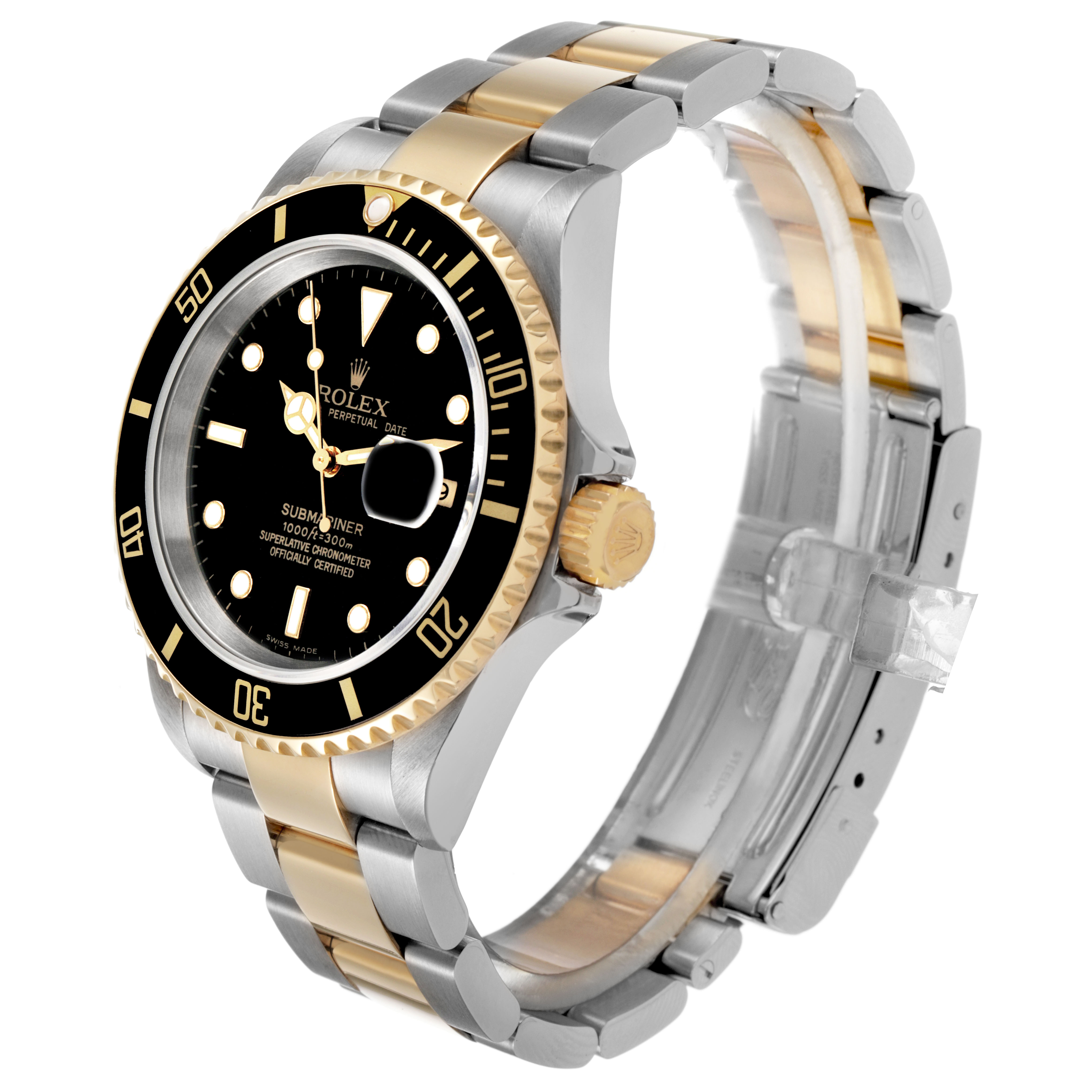 This image shows a Rolex Submariner 16613 Men's Steel and Gold (two tone) Black Dial watch at an angled side view, highlighting the case, bezel, and bracelet.