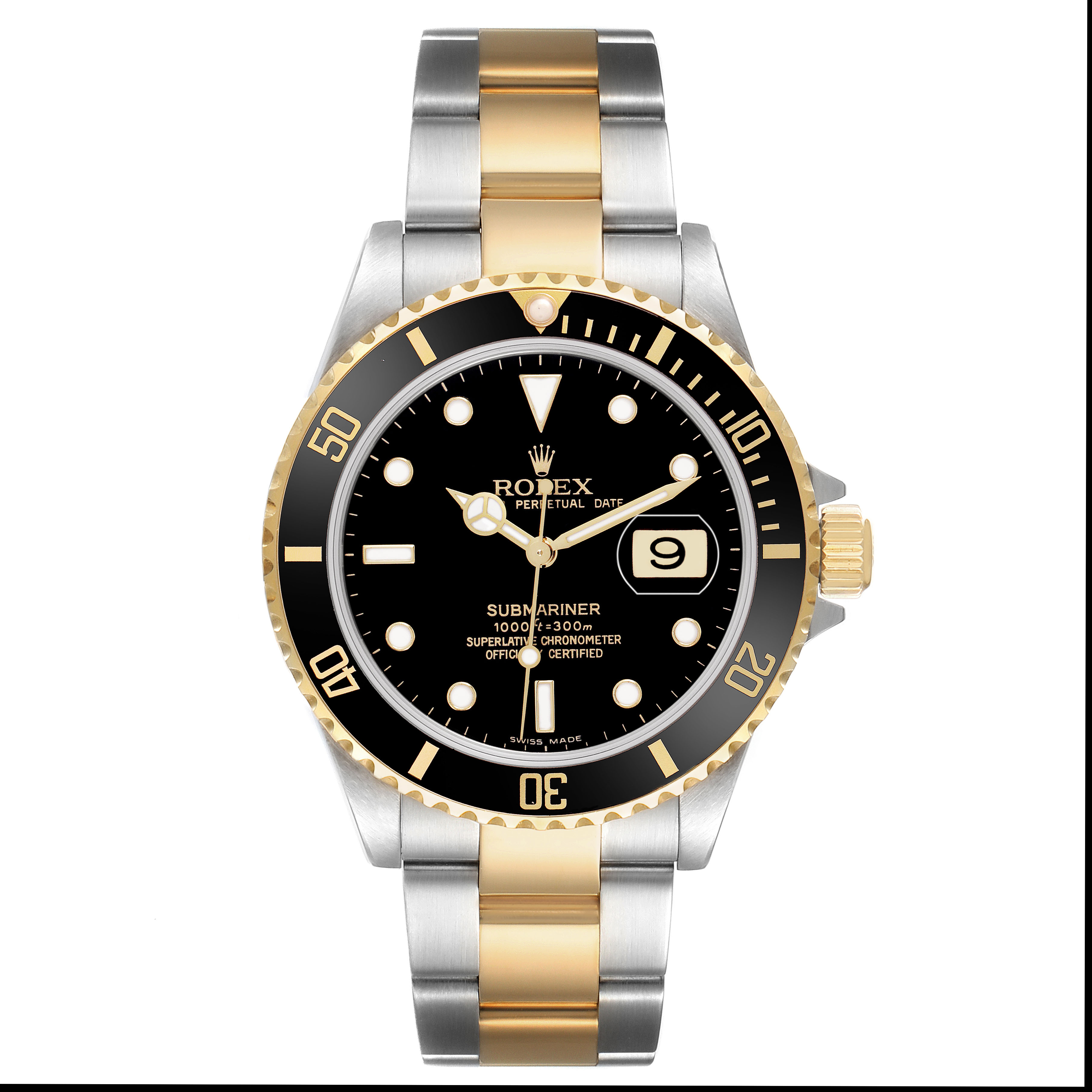 The Rolex Submariner 16613 Men's Steel and Gold (two tone) Black Dial watch is shown from a front angle, displaying its dial, bezel, crown, and two-tone bracelet.
