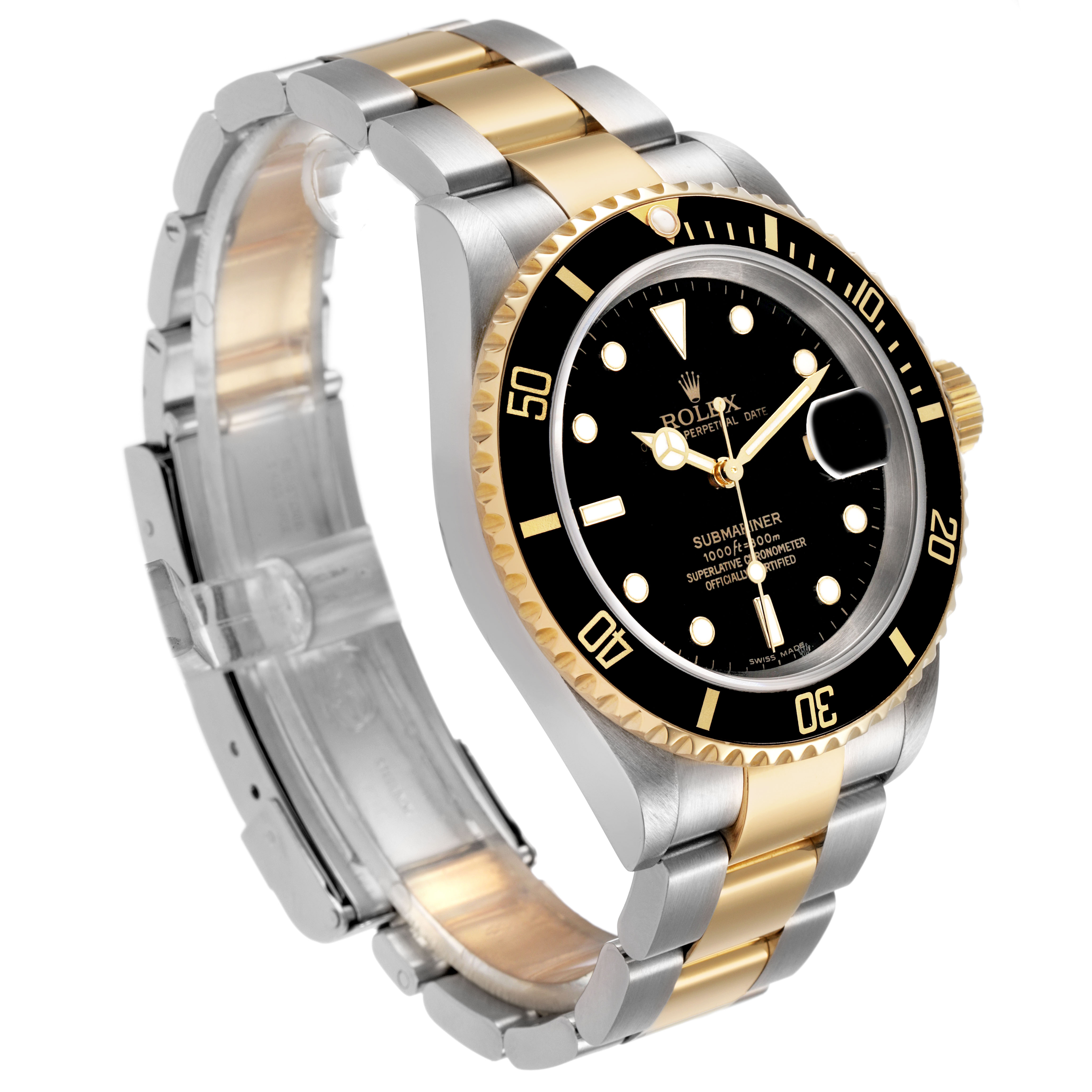 The Rolex Submariner 16613 Men's Steel and Gold (two tone) Black Dial is shown at an angle highlighting the dial, bezel, crown, and two-tone bracelet.