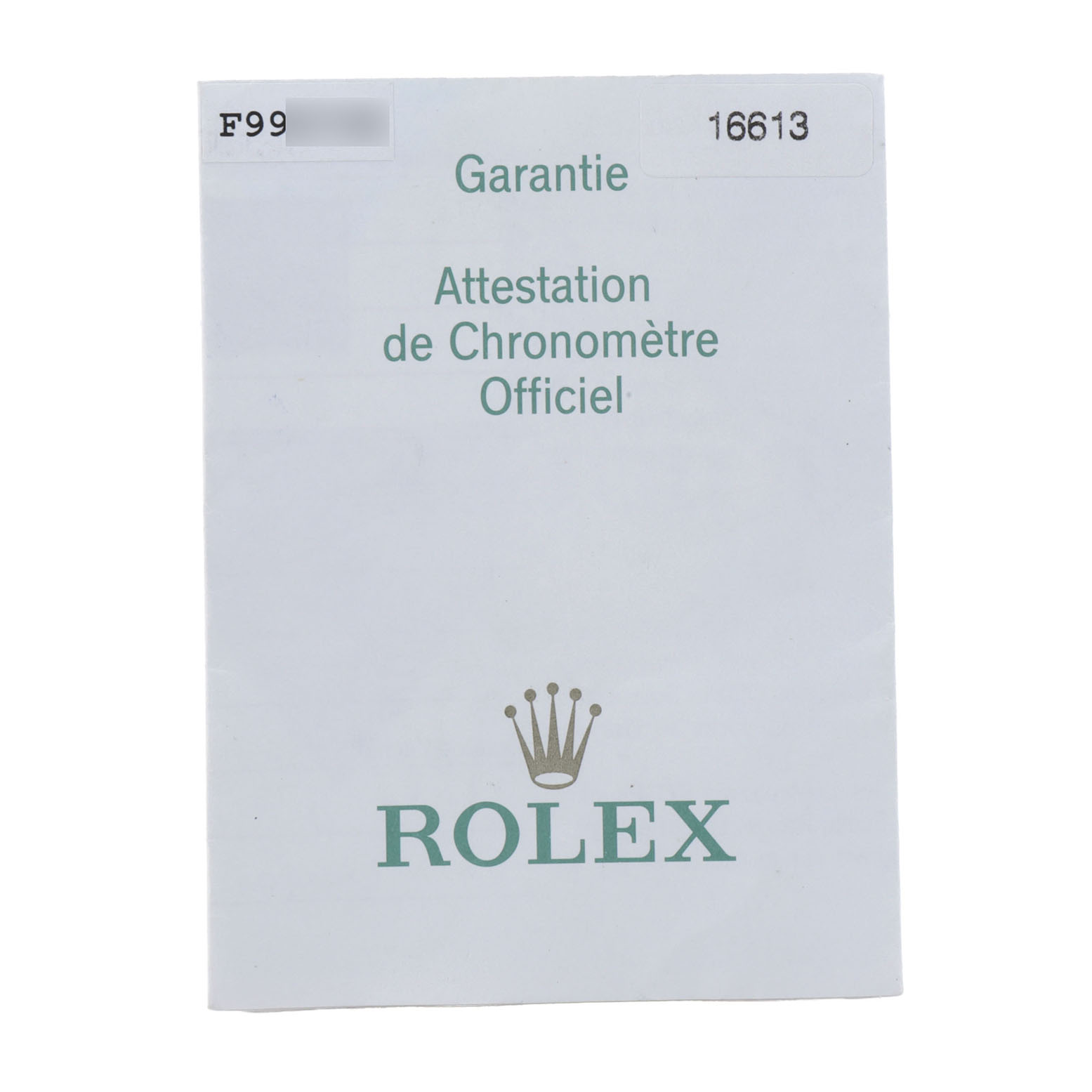This image shows a warranty booklet for the Rolex Submariner 16613 Men's Steel and Gold (two tone) Black Dial model 16613, featuring the Rolex logo.