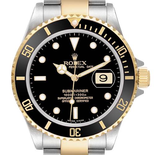 The Rolex Submariner 16613 Men's Steel and Gold (two tone) Black Dial watch is shown from the front, displaying the dial, bezel, and part of the bracelet.