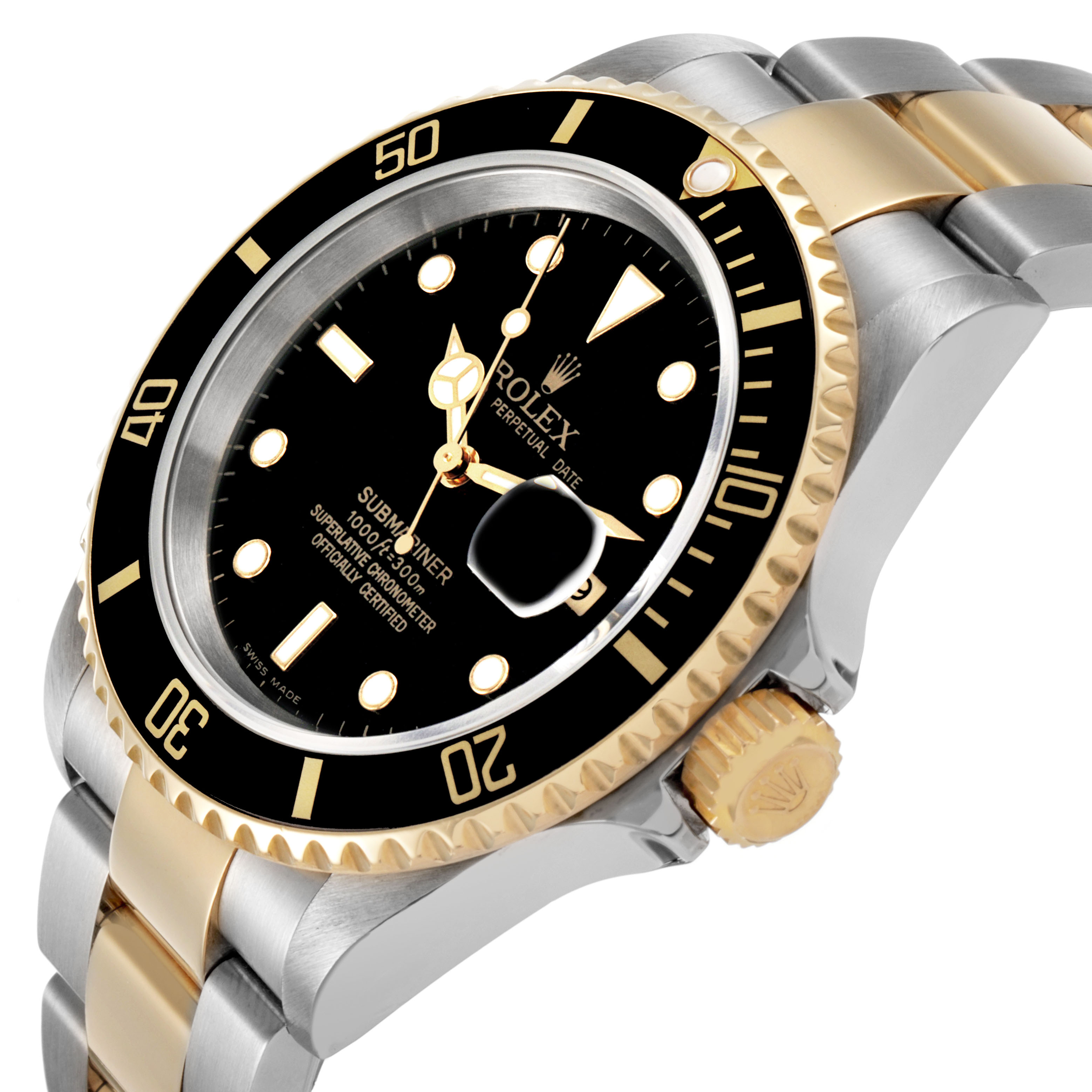 The Rolex Submariner 16613 Men's Steel and Gold (two tone) Black Dial watch is shown at an angle highlighting the bezel, dial, crown, and bracelet.