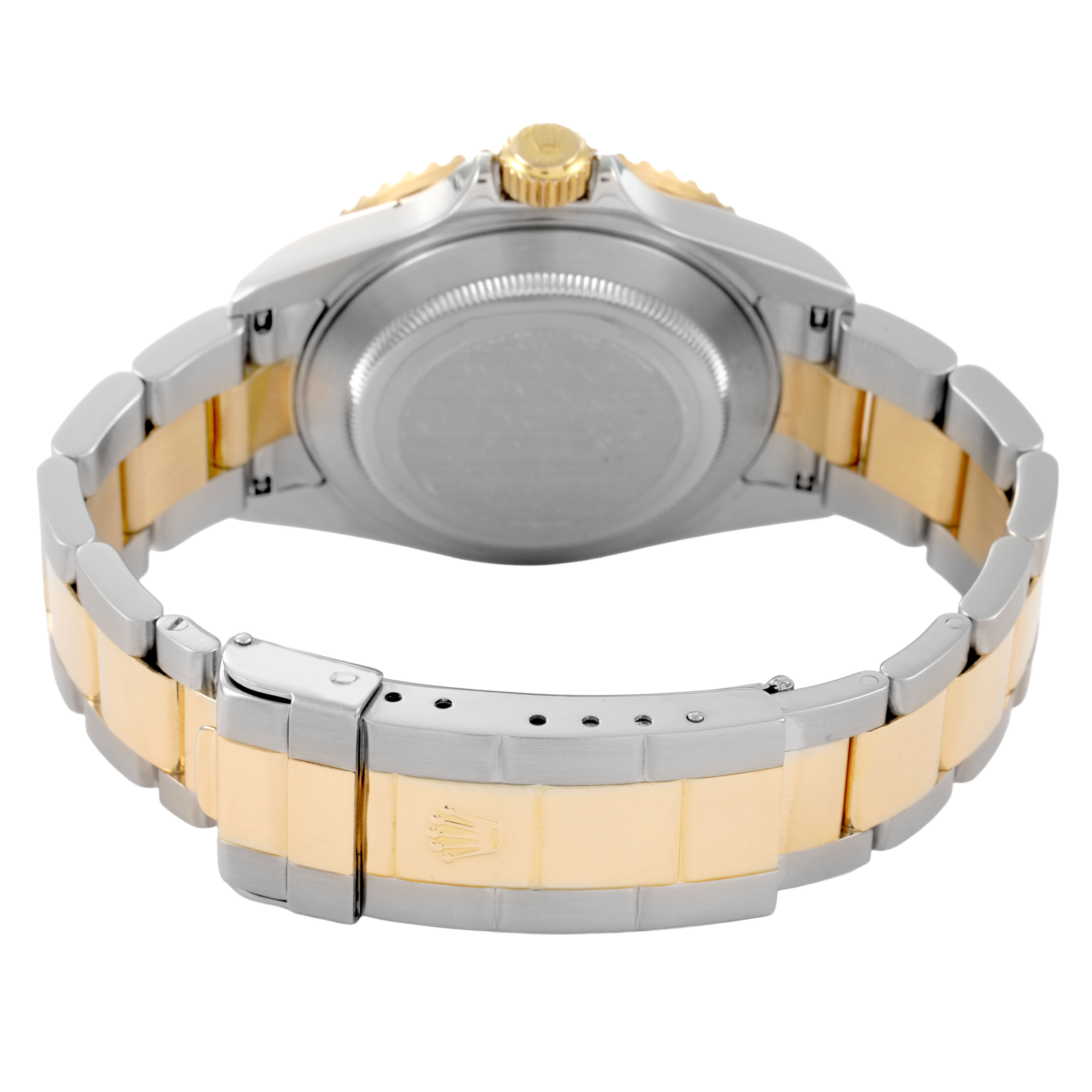 The image shows the back and bracelet of a Rolex Submariner 16613 Men's Steel and Gold (two tone) Black Dial, highlighting the clasp and crown.