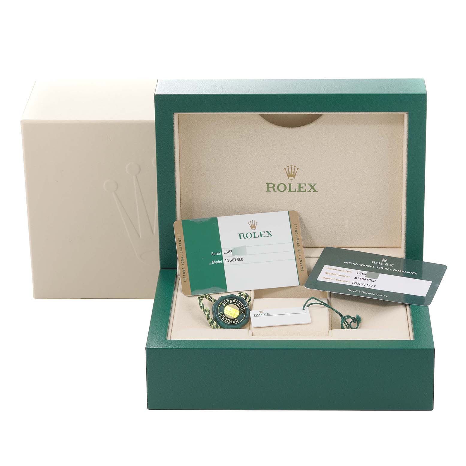 The image shows the packaging, guarantee card, tags, and accessories for a Rolex Submariner 116613 Men's Steel and Gold (two tone) Blue Dial 116613 Men's Steel and Gold (two tone) Blue Dial watch.