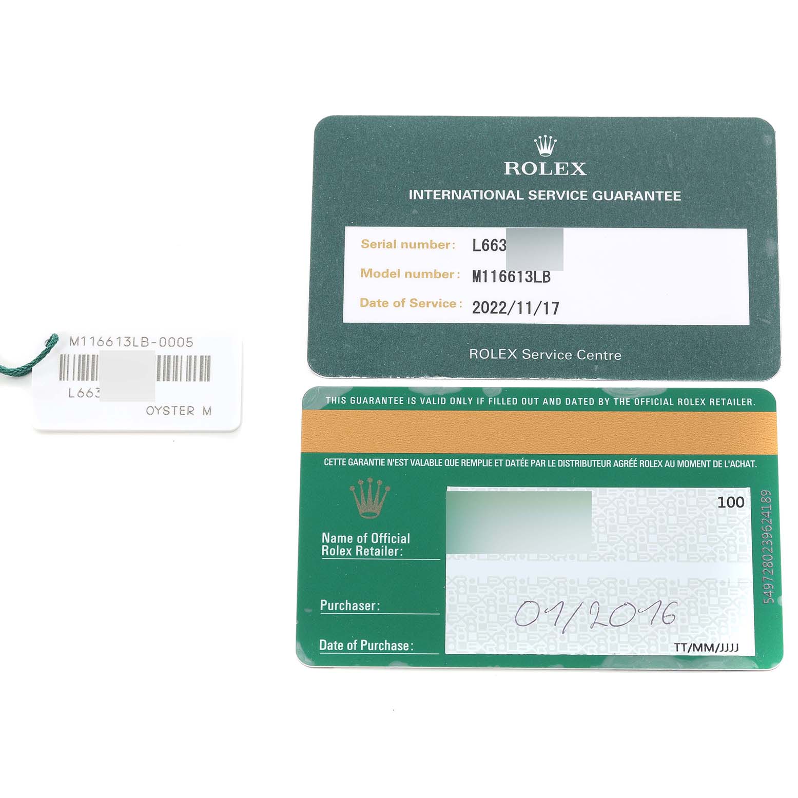 The image shows the international service guarantee card and a tag for a Rolex Submariner 116613 Men's Steel and Gold (two tone) Blue Dial 116613 Men's Steel and Gold (two tone) Blue Dial model M116613LB.