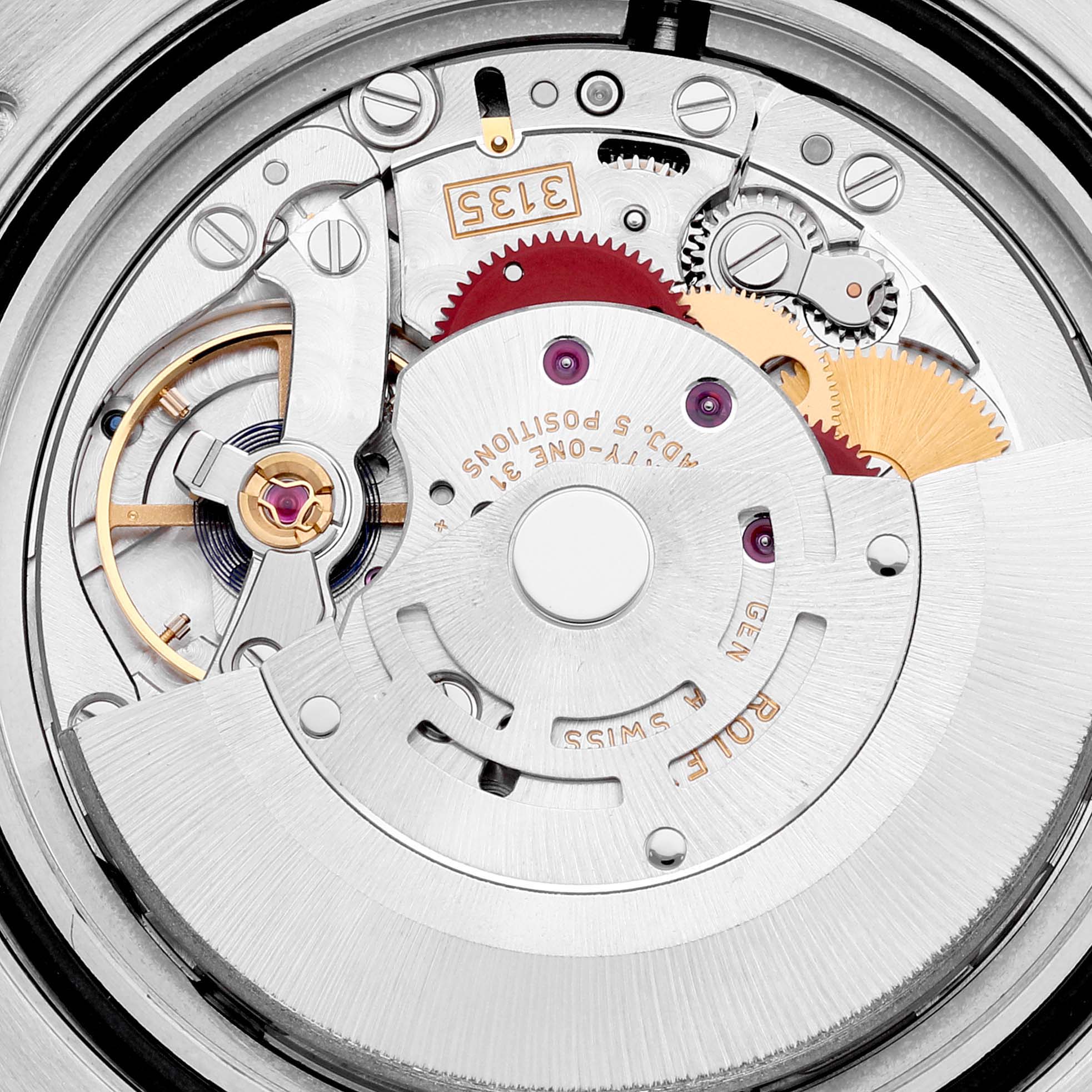 This image shows a close-up of the internal movement of a Rolex Submariner 116613 Men's Steel and Gold (two tone) Blue Dial 116613 Men's Steel and Gold (two tone) Blue Dial watch.