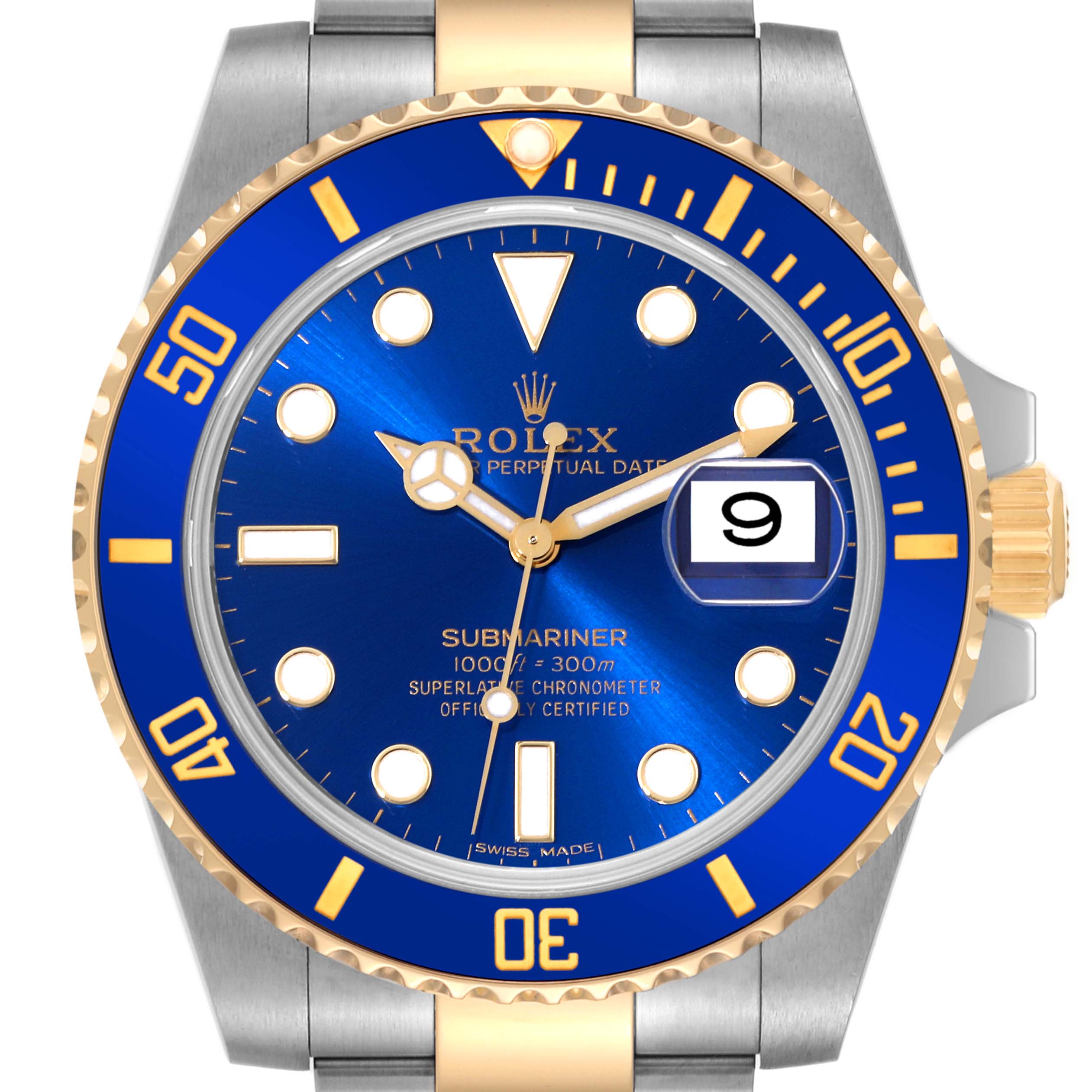 The image shows a front view of a Rolex Submariner 116613 Men's Steel and Gold (two tone) Blue Dial 116613 Men's Steel and Gold (two tone) Blue Dial watch, highlighting its blue dial and bezel, gold accents, and metal strap.