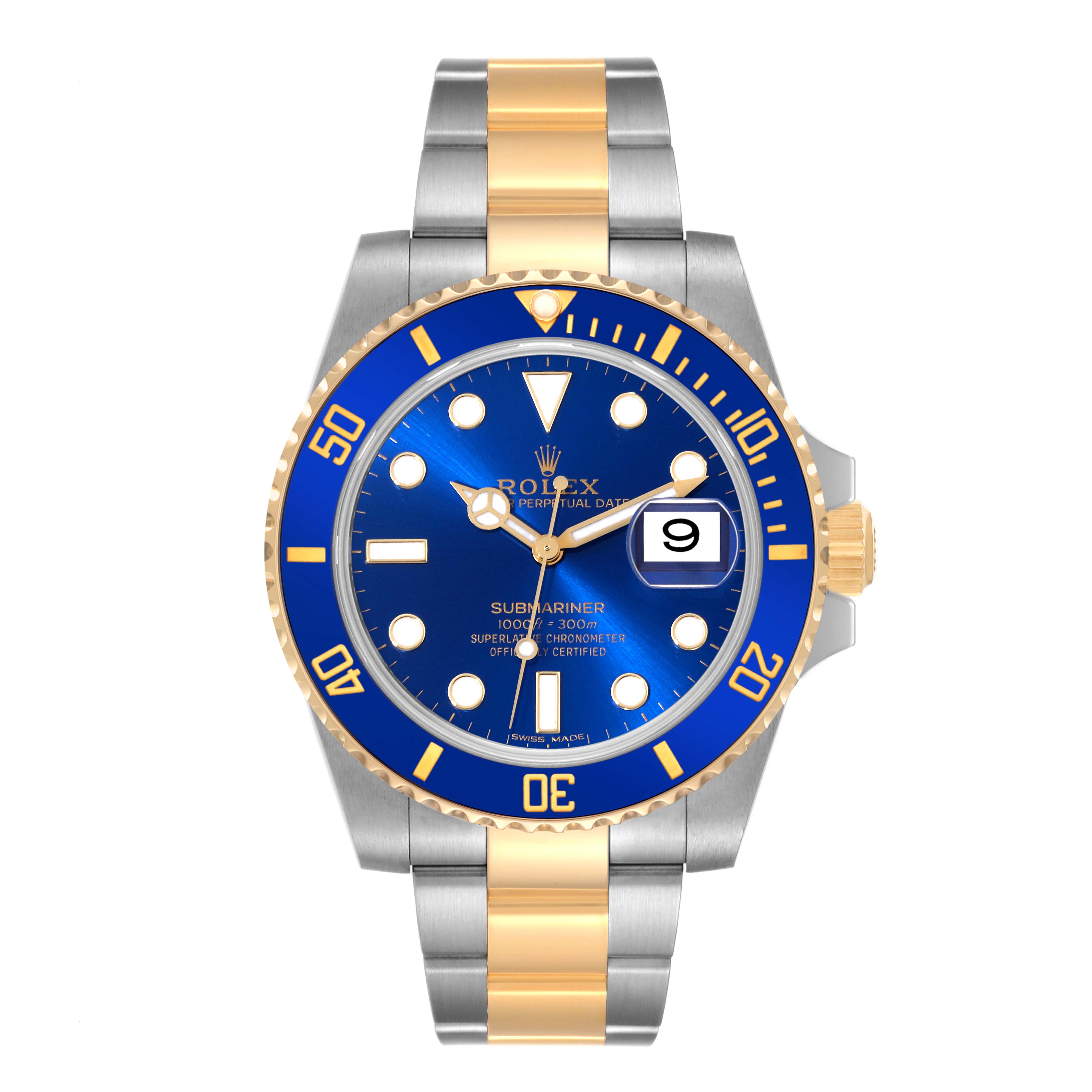 The image shows a front view of the Rolex Submariner 116613 Men's Steel and Gold (two tone) Blue Dial 116613 Men's Steel and Gold (two tone) Blue Dial watch, highlighting its blue dial, gold and silver bracelet, and date display.