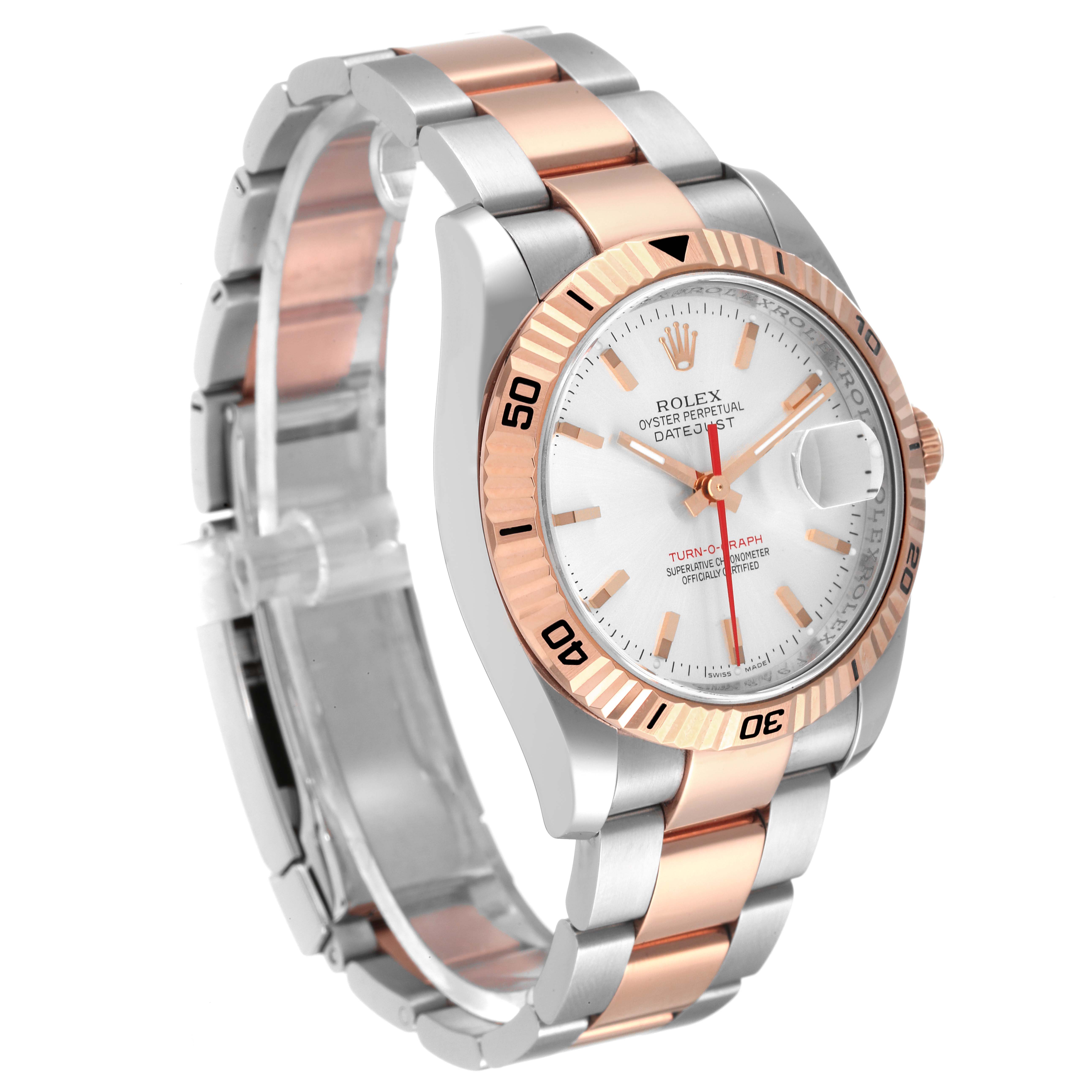 This Rolex Turn-o-Graph 116261 Men's Steel and Gold (two tone) Silver Dial 116261 Men's Steel and Gold (two tone) Silver Dial model watch is shown at a right, front-side angle, highlighting the face, bezel, and two-tone bracelet.