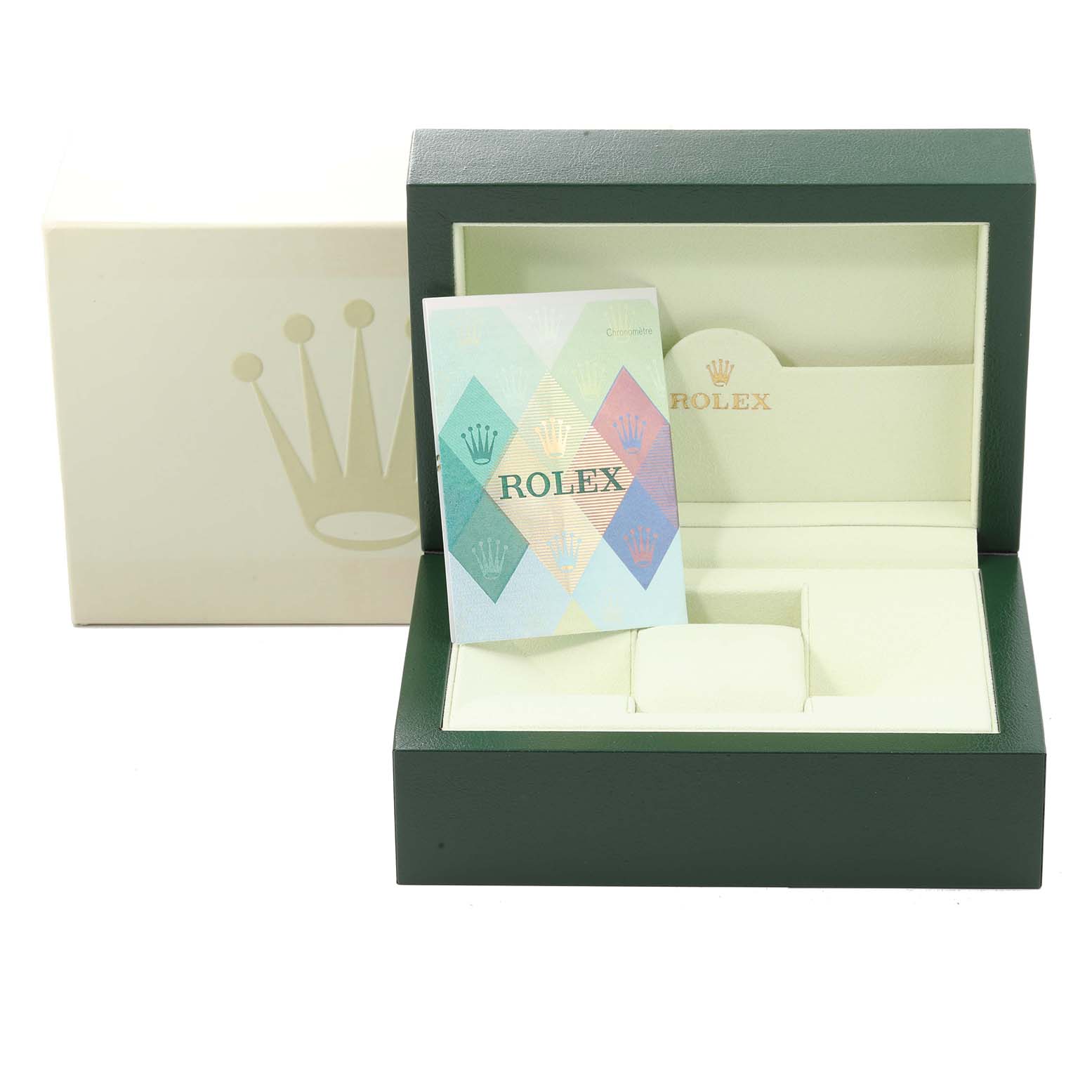 The image shows a Rolex Turn-o-Graph 116261 Men's Steel and Gold (two tone) Silver Dial 116261 Men's Steel and Gold (two tone) Silver Dial watch box open with its cover case and a manual.