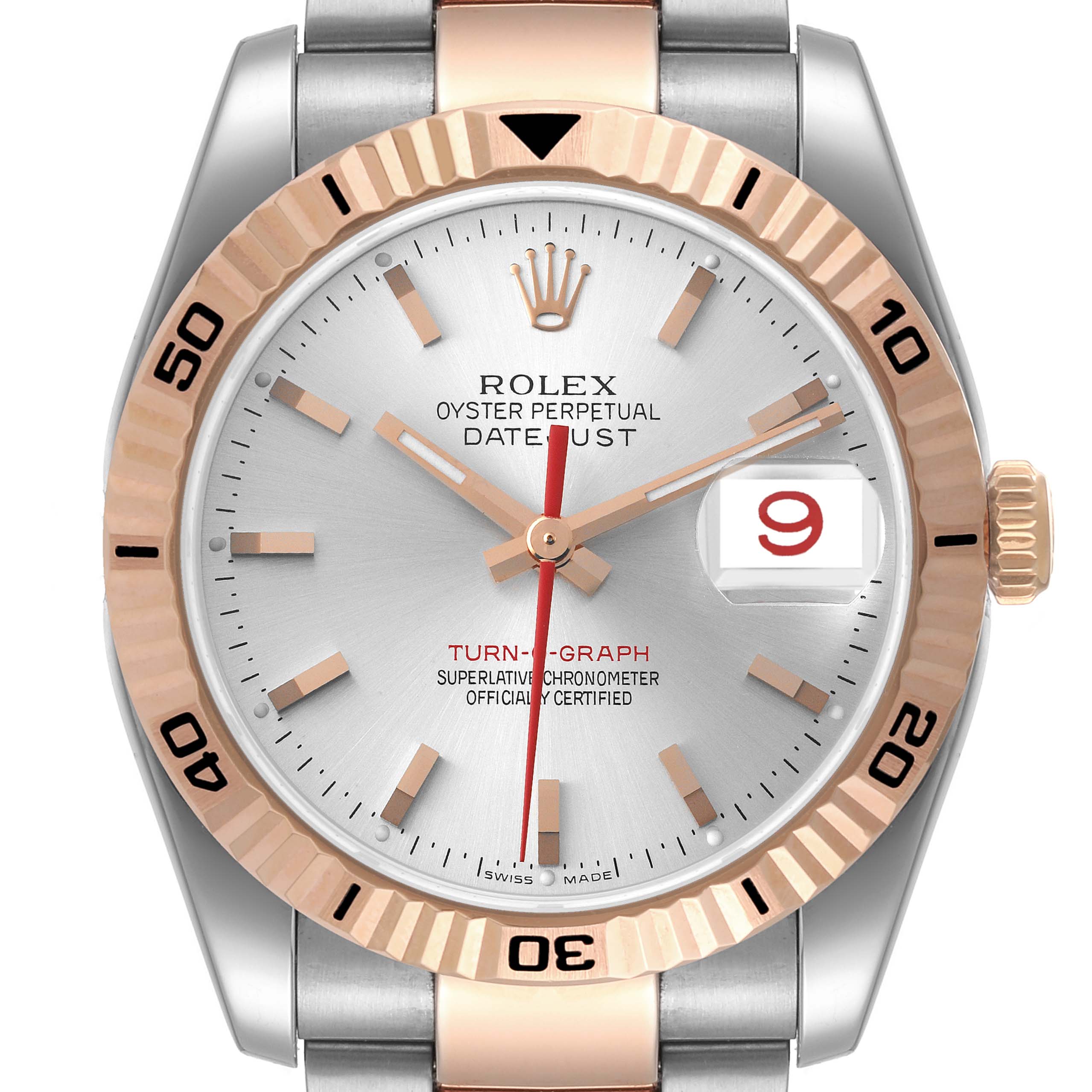 This image shows a Rolex Turn-o-Graph 116261 Men's Steel and Gold (two tone) Silver Dial 116261 Men's Steel and Gold (two tone) Silver Dial watch from the front, highlighting its face, bezel, and part of the wristband.