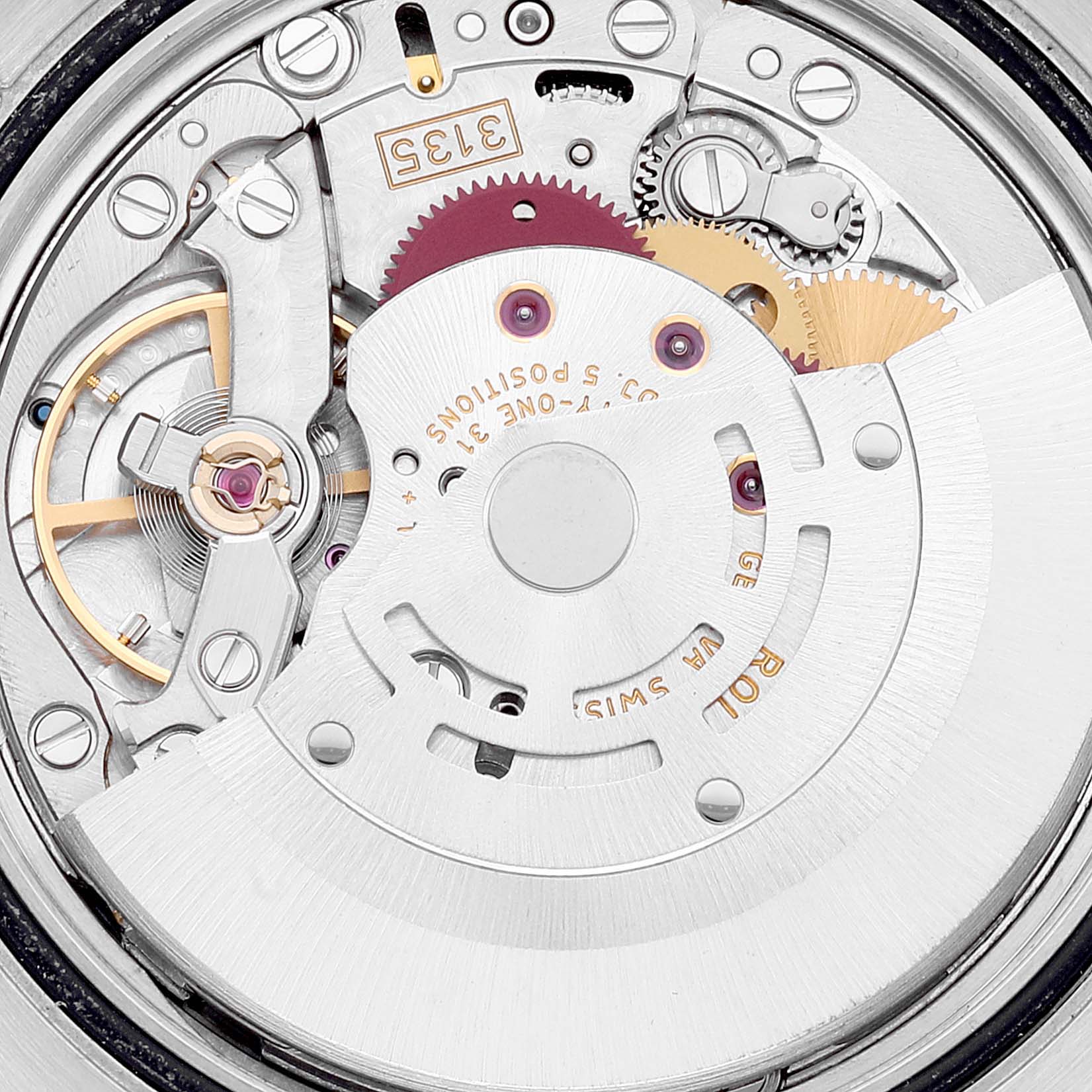 This image shows a close-up view of the intricate internal movement mechanism of a Rolex Turn-o-Graph 116261 Men's Steel and Gold (two tone) Silver Dial 116261 Men's Steel and Gold (two tone) Silver Dial watch.