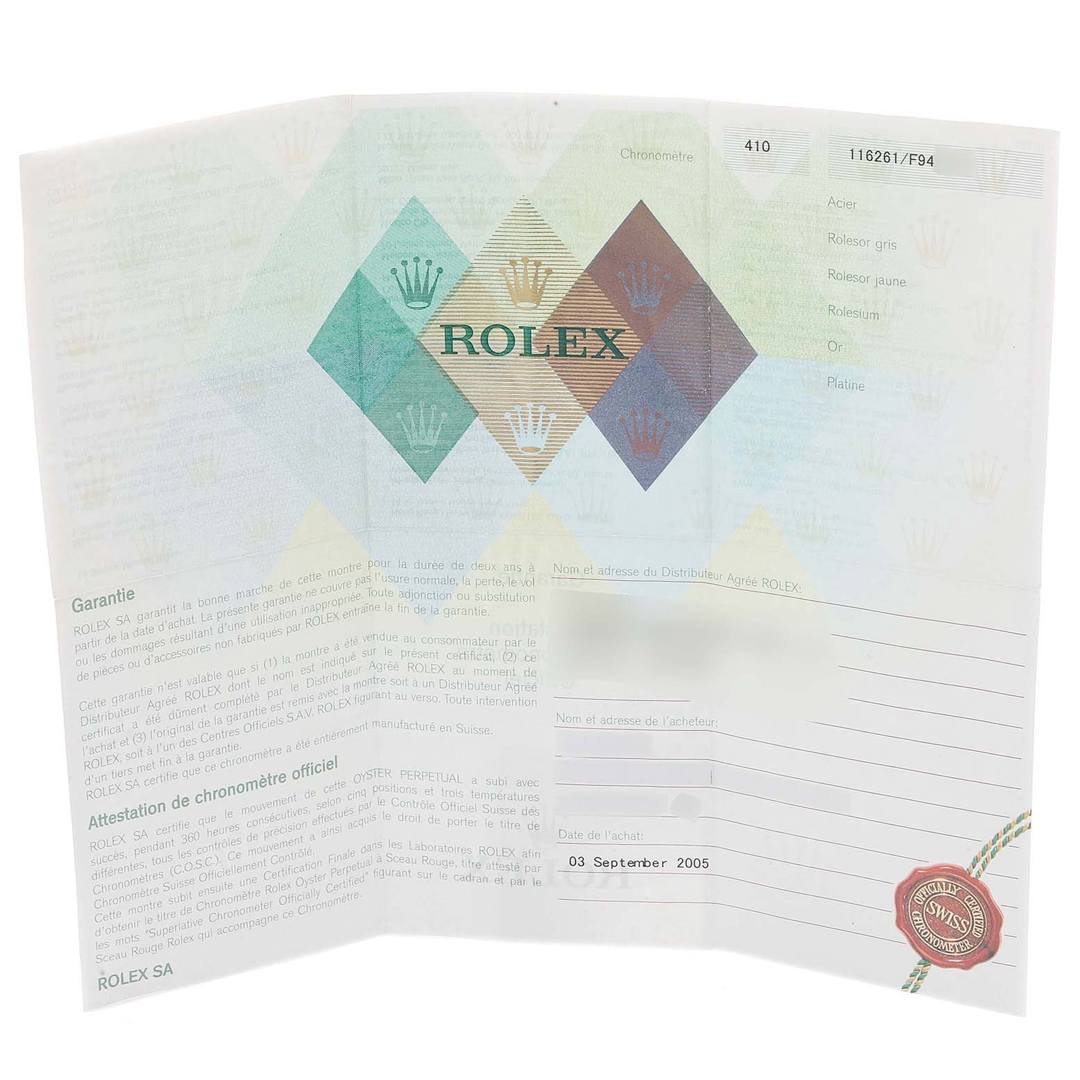 This image shows a warranty certificate and official chronometer certification for the Rolex Turn-o-Graph 116261 Men's Steel and Gold (two tone) Silver Dial 116261 Men's Steel and Gold (two tone) Silver Dial model.