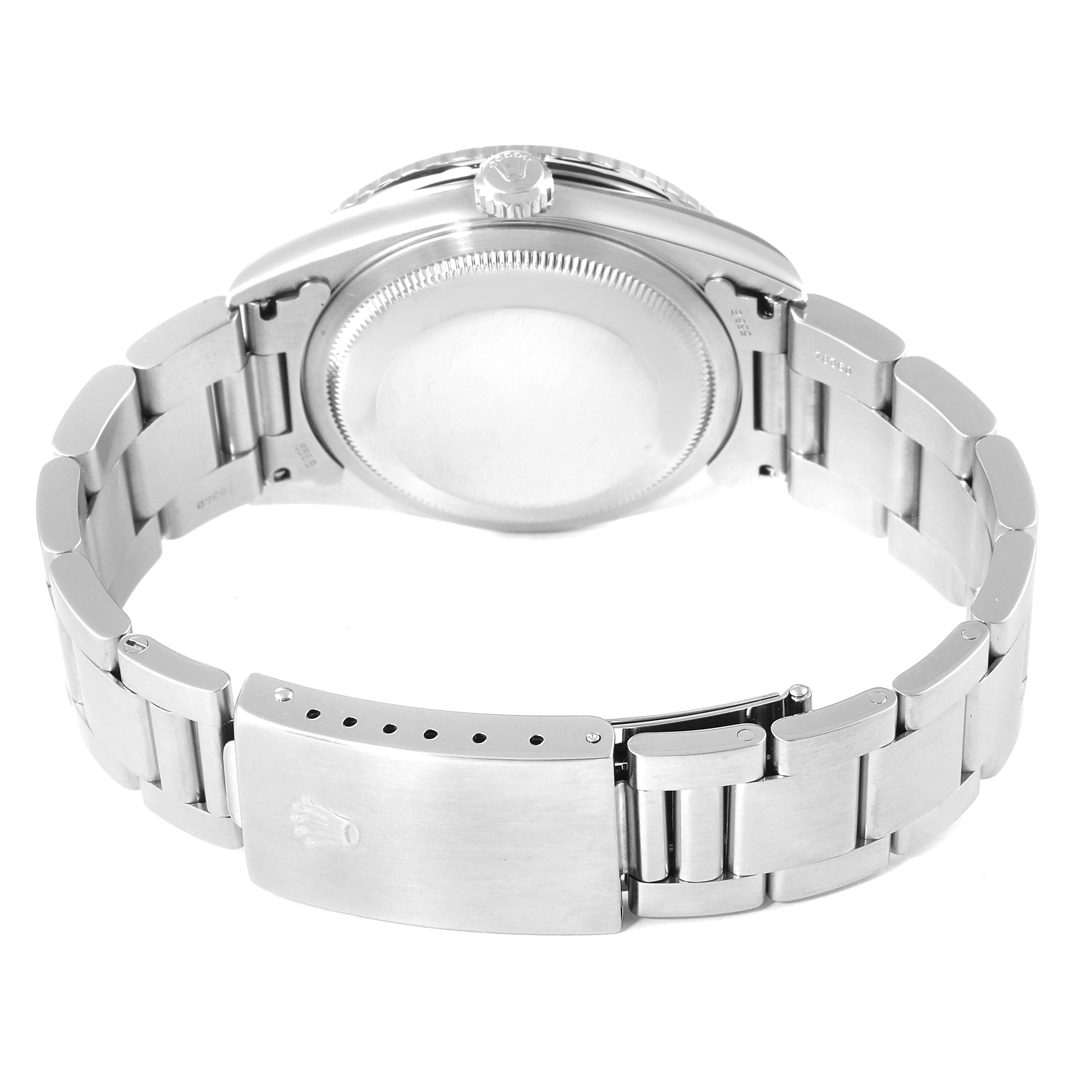 This image shows the back view of a Rolex Turn-o-Graph 16264 Men
s Stainless Steel Silver Dial 16264 Men
s Stainless Steel Silver Dial watch, highlighting the bracelet, clasp, and caseback.