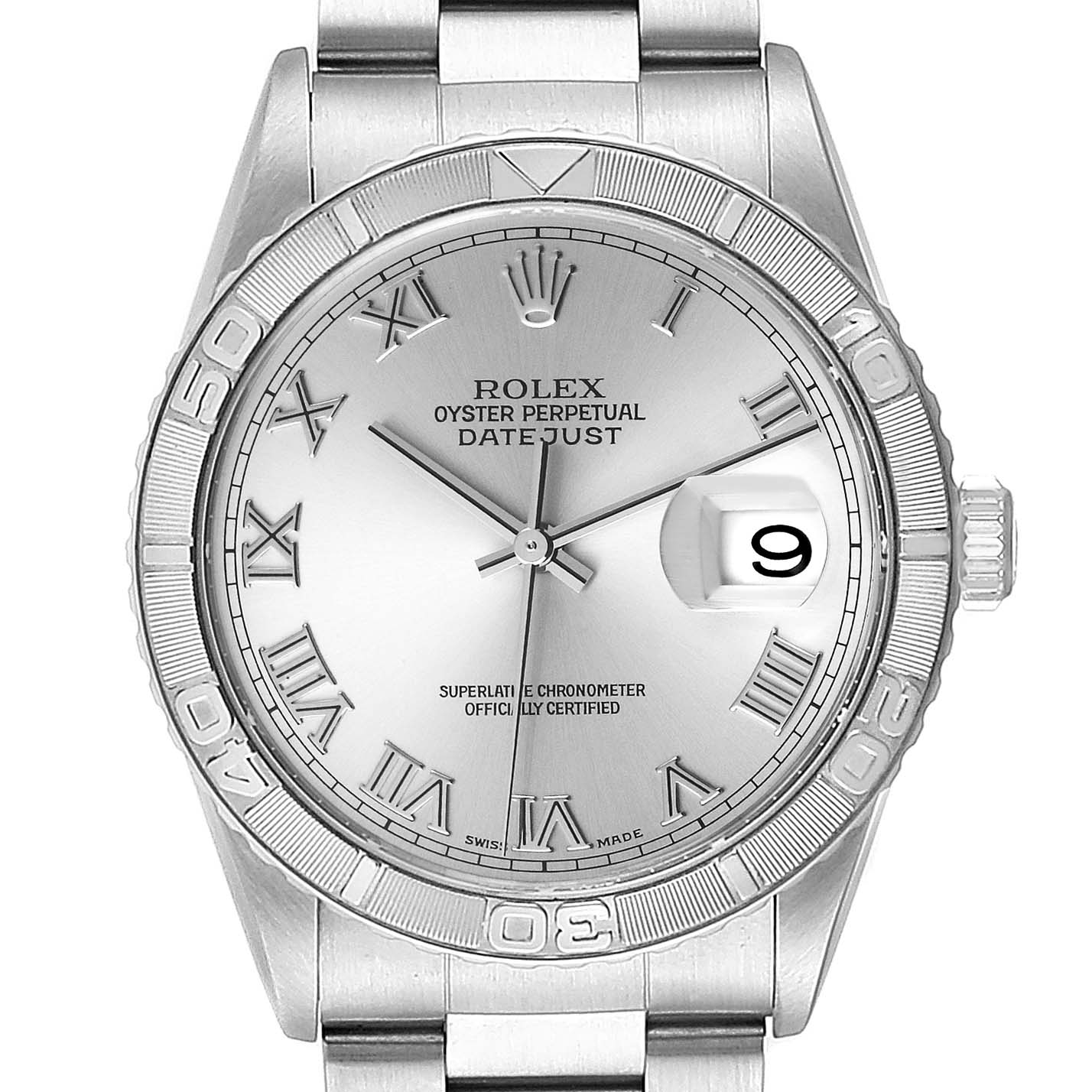 This image shows the front view of a Rolex Turn-o-Graph 16264 Men
s Stainless Steel Silver Dial 16264 Men
s Stainless Steel Silver Dial watch, displaying the dial, hands, bezel, date window, and part of the bracelet.
