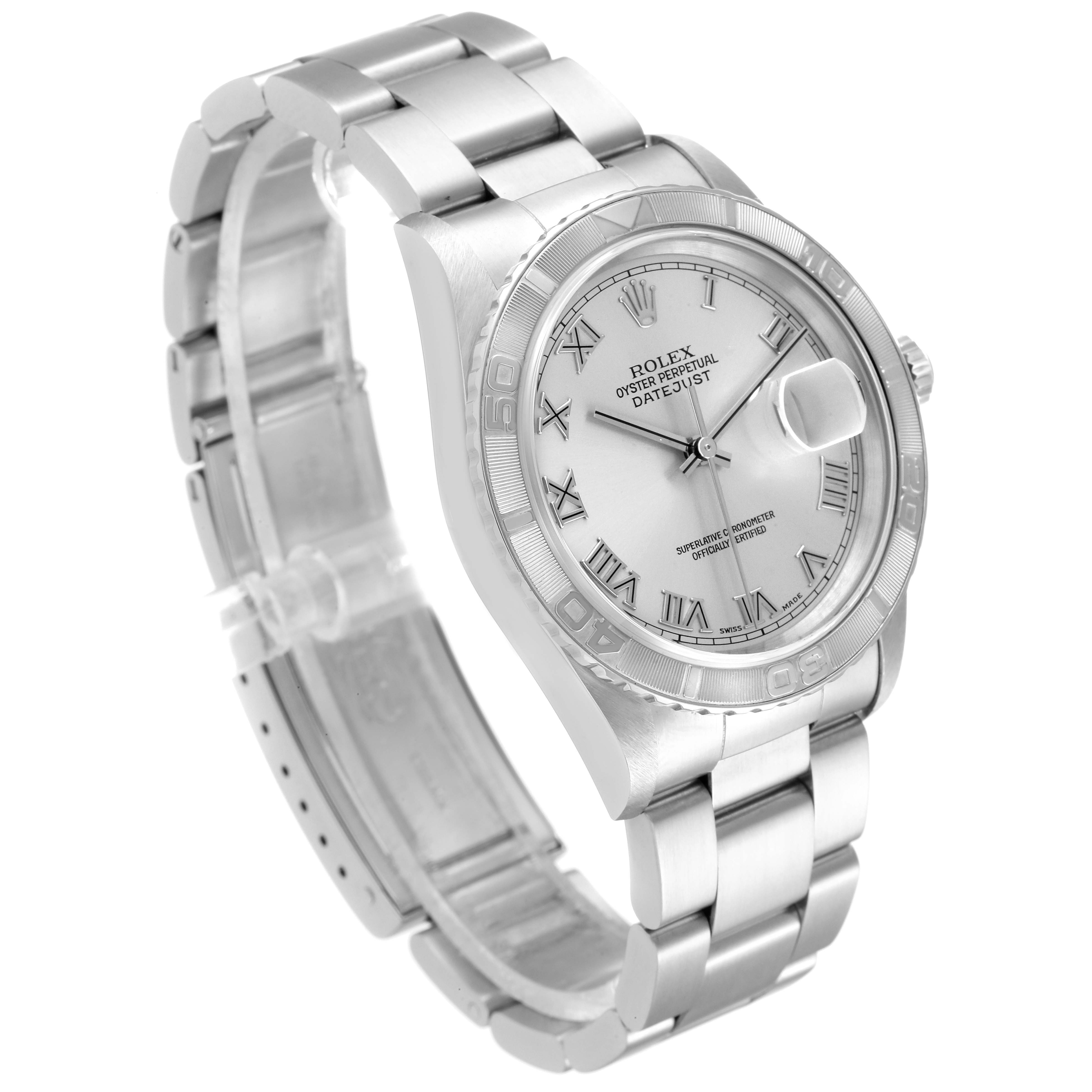 The image shows a frontal angle of the Rolex Turn-o-Graph 16264 Men
s Stainless Steel Silver Dial 16264 Men
s Stainless Steel Silver Dial watch, displaying its face, bracelet, and clasp.